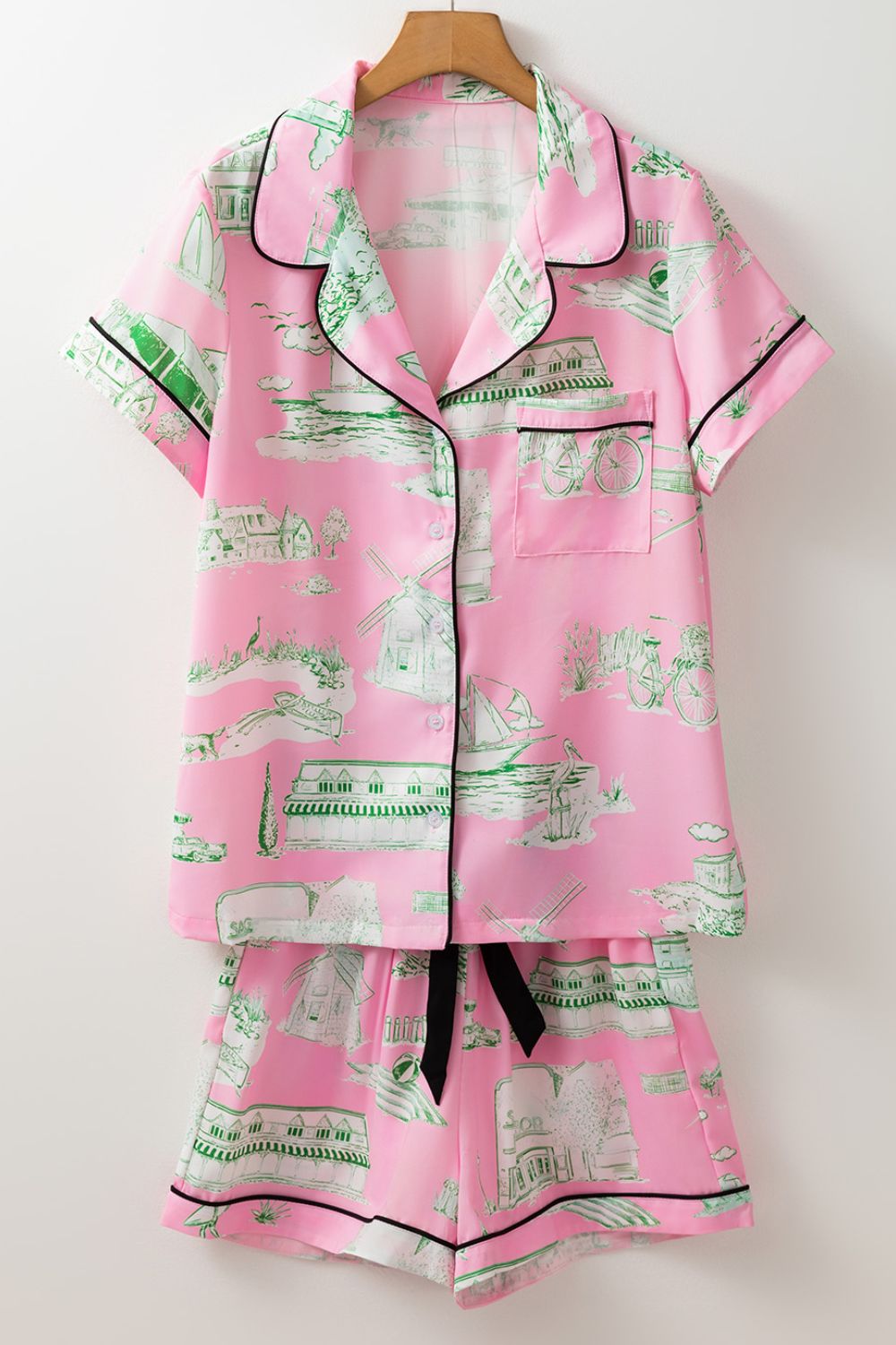 Collared Neck Printed Top and Drawstring Shorts Lounge Set - Charming Charlie