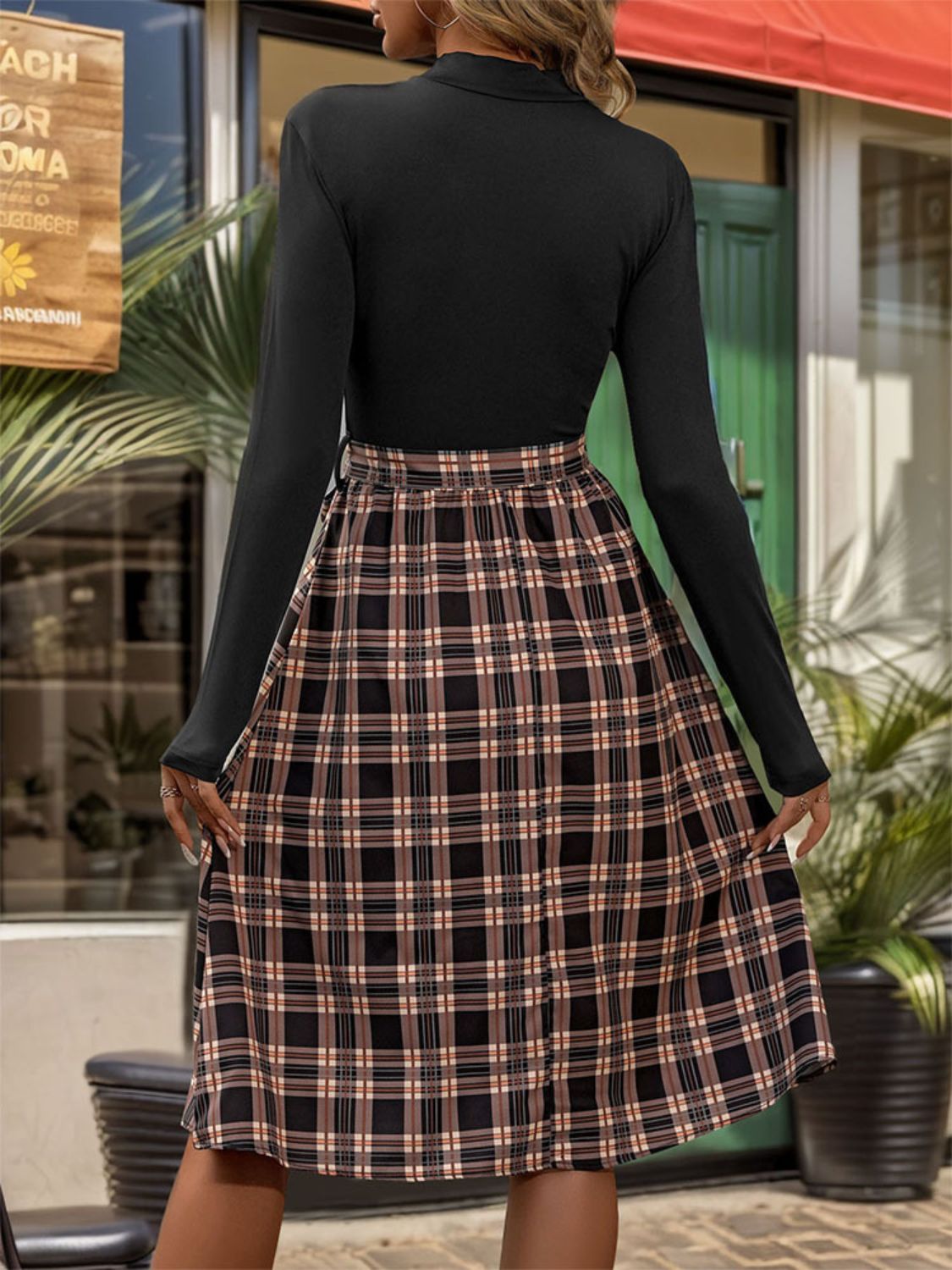 Plaid Mock Neck Long Sleeve Dress - Charming Charlie