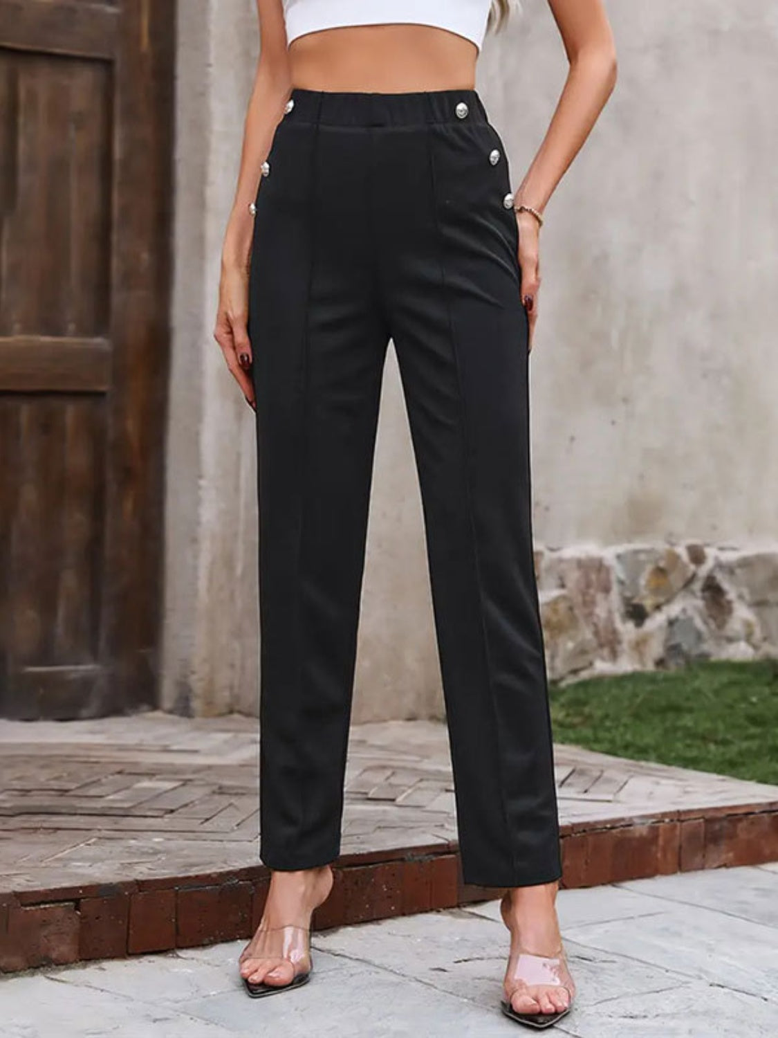 Decorative Button Elastic Waist Pants - Charming Charlie