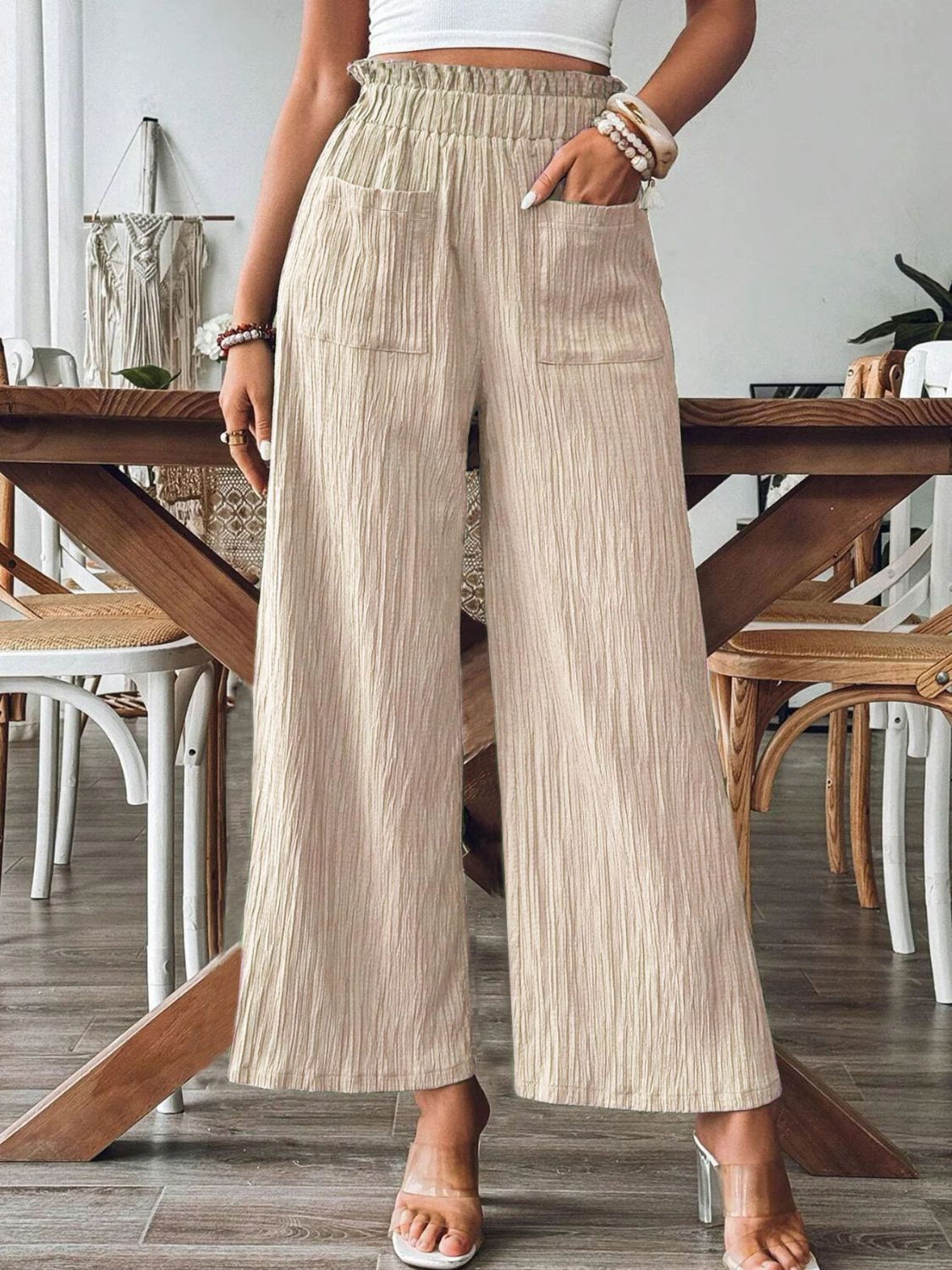 Pocketed Elastic Waist Wide Leg Pants - Charming Charlie
