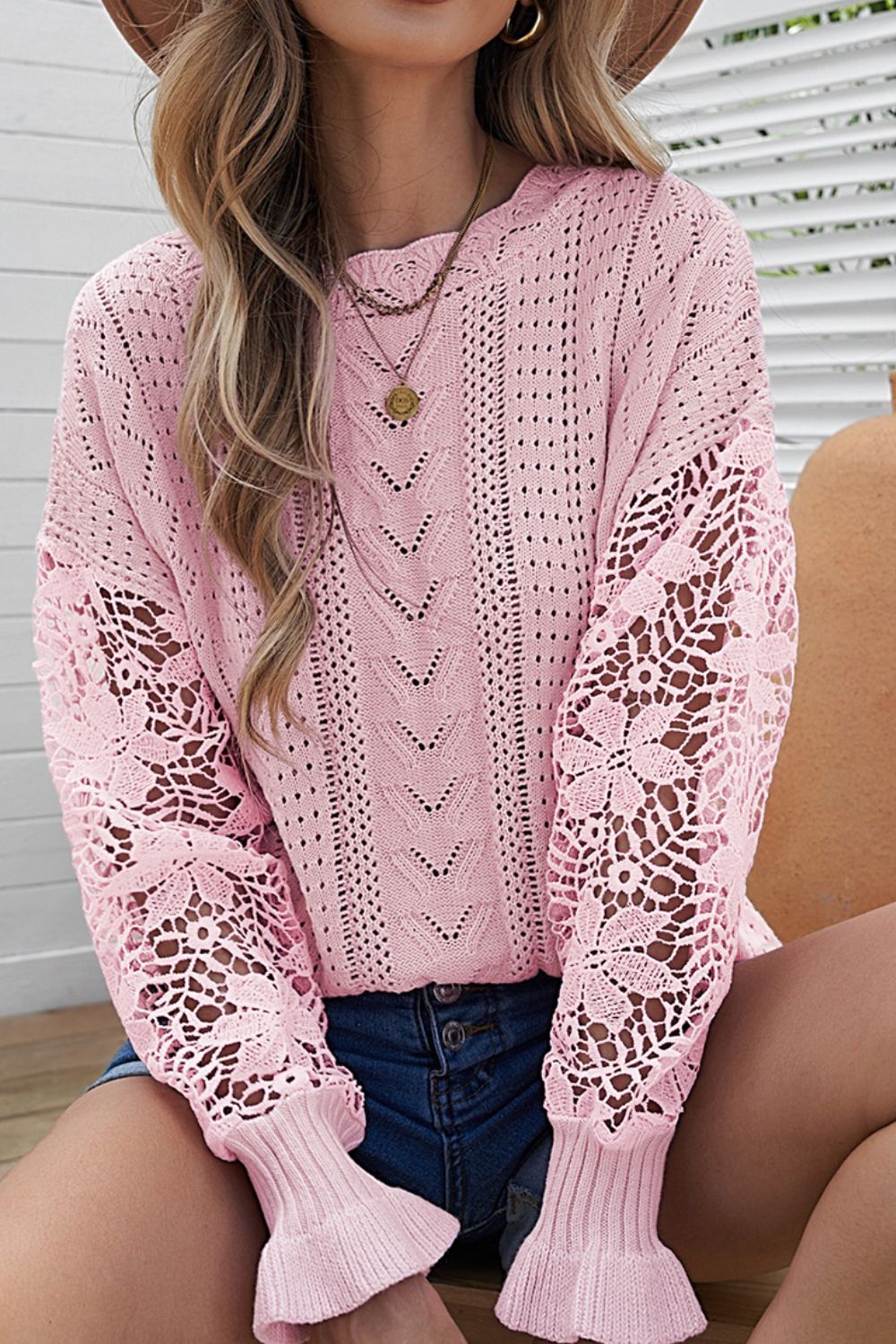 Openwork Round Neck Long Sleeve Sweater - Charming Charlie