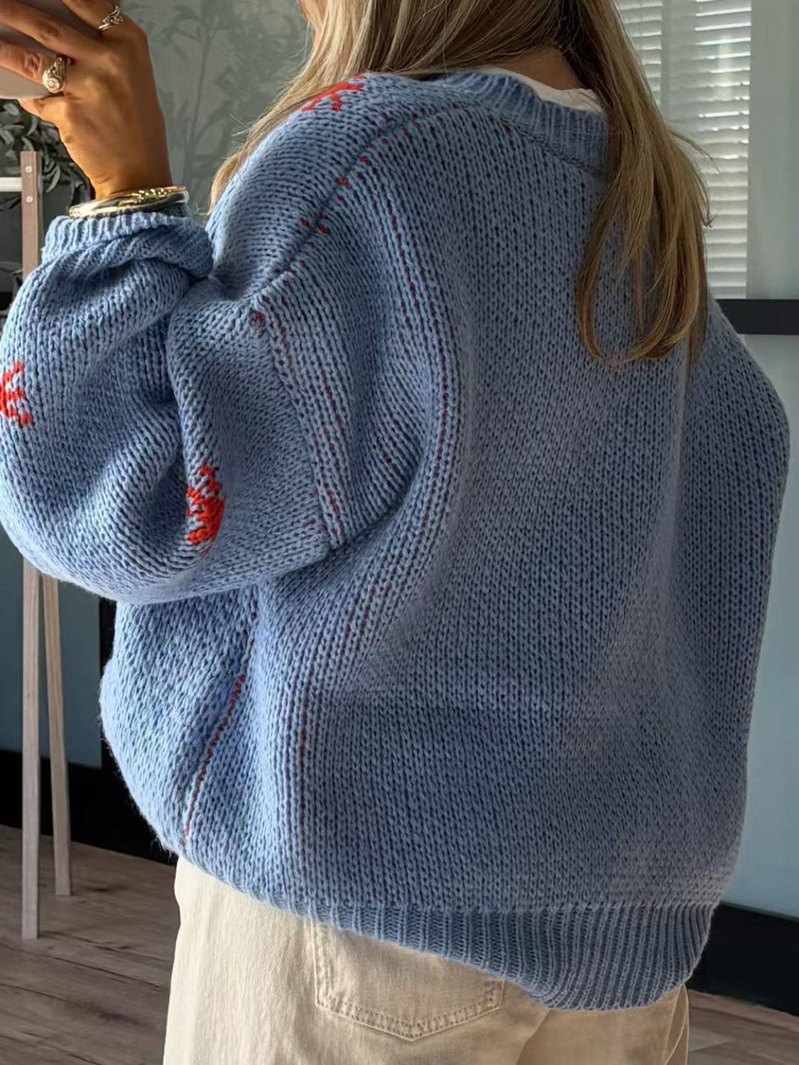 Boot Pattern Round Neck Dropped Shoulder Sweater - Charming Charlie