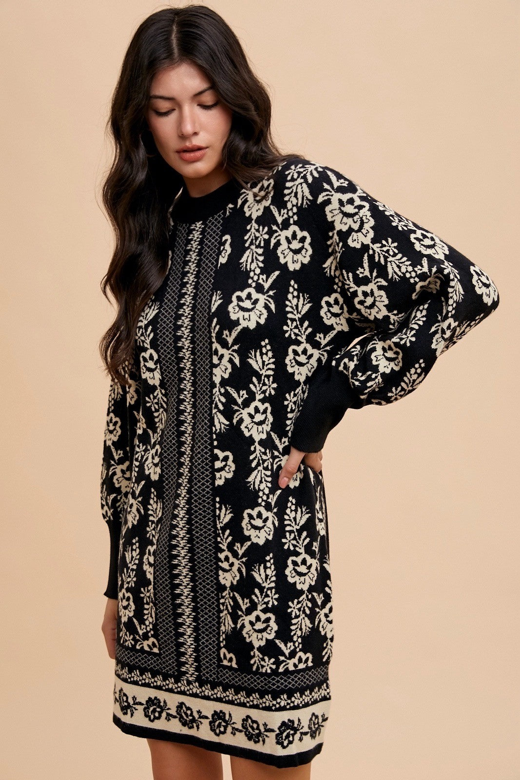 Annie Wear Floral Jacquard Round Neck Sweater Dress - Charming Charlie