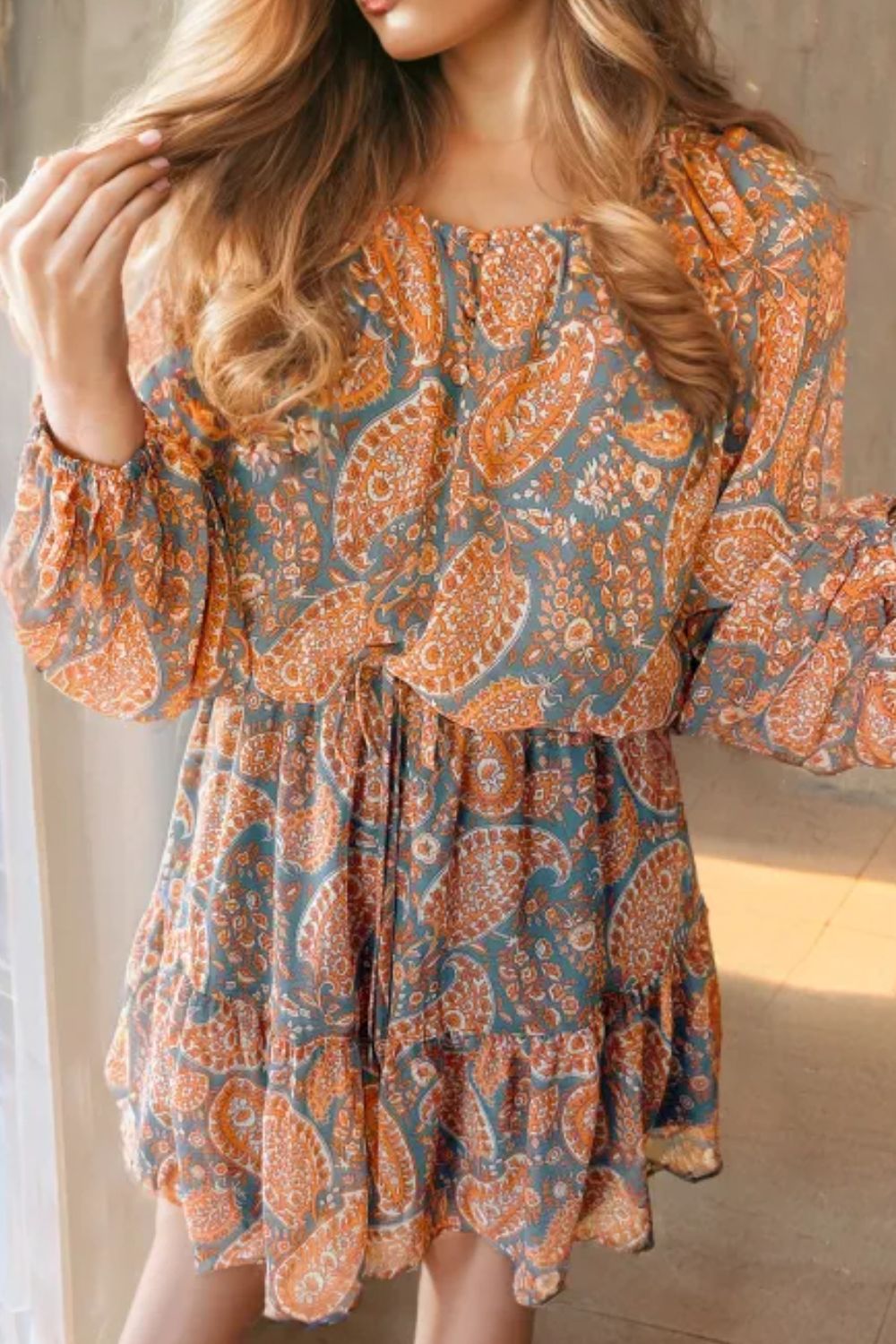 Ruffle Hem Printed Long Sleeve Dress - Charming Charlie