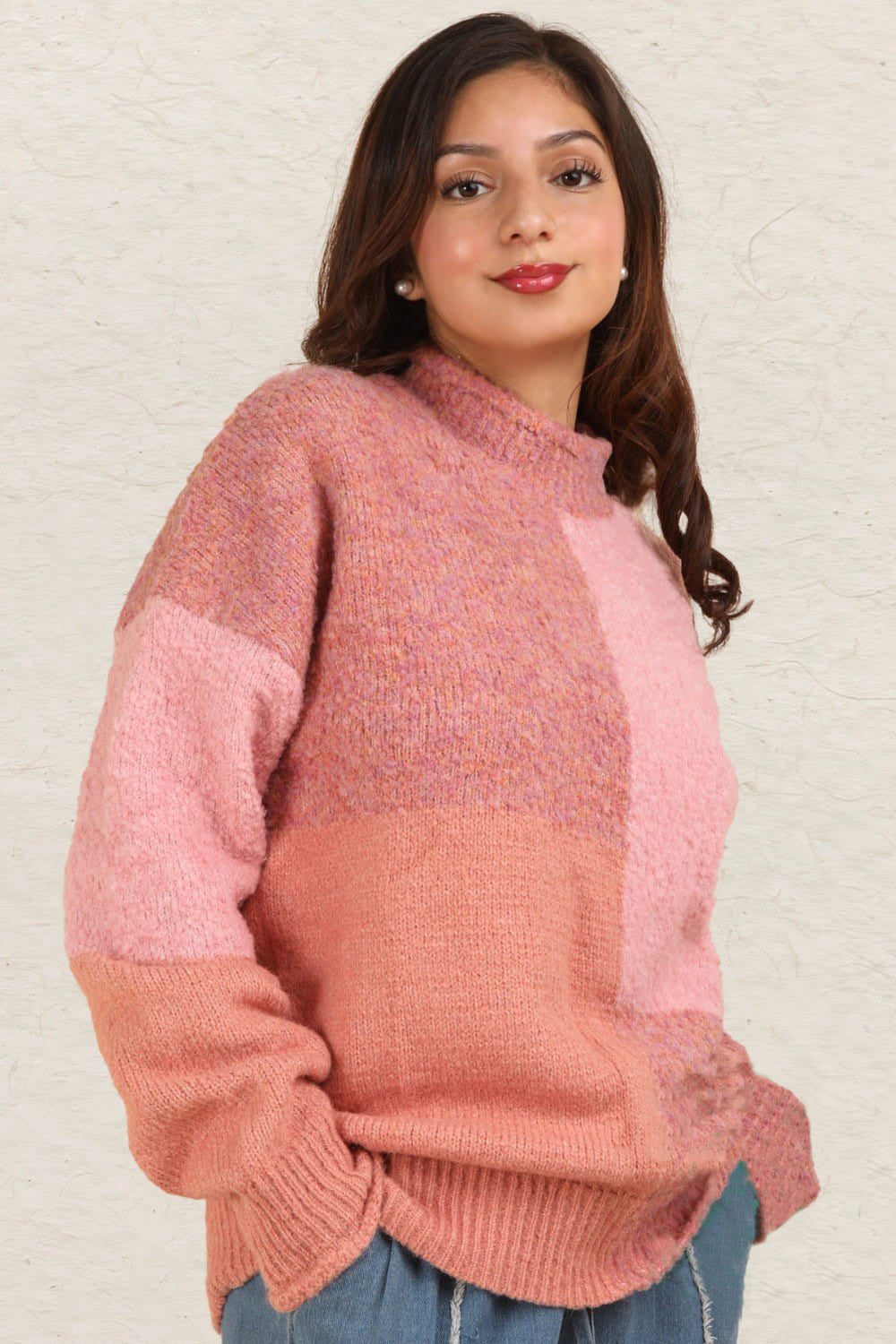 VERY J Color Block Mock Neck Drop Shoulder Sweater - Charming Charlie