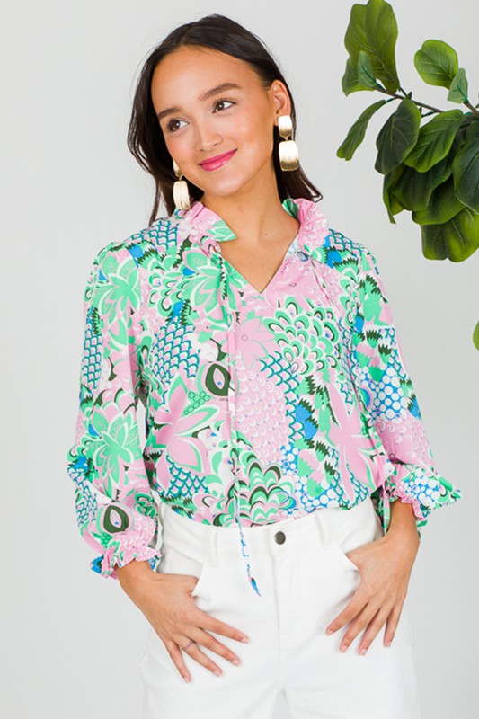Green Floral Print V Neck Tied Loose Blouse - Charming Charlie