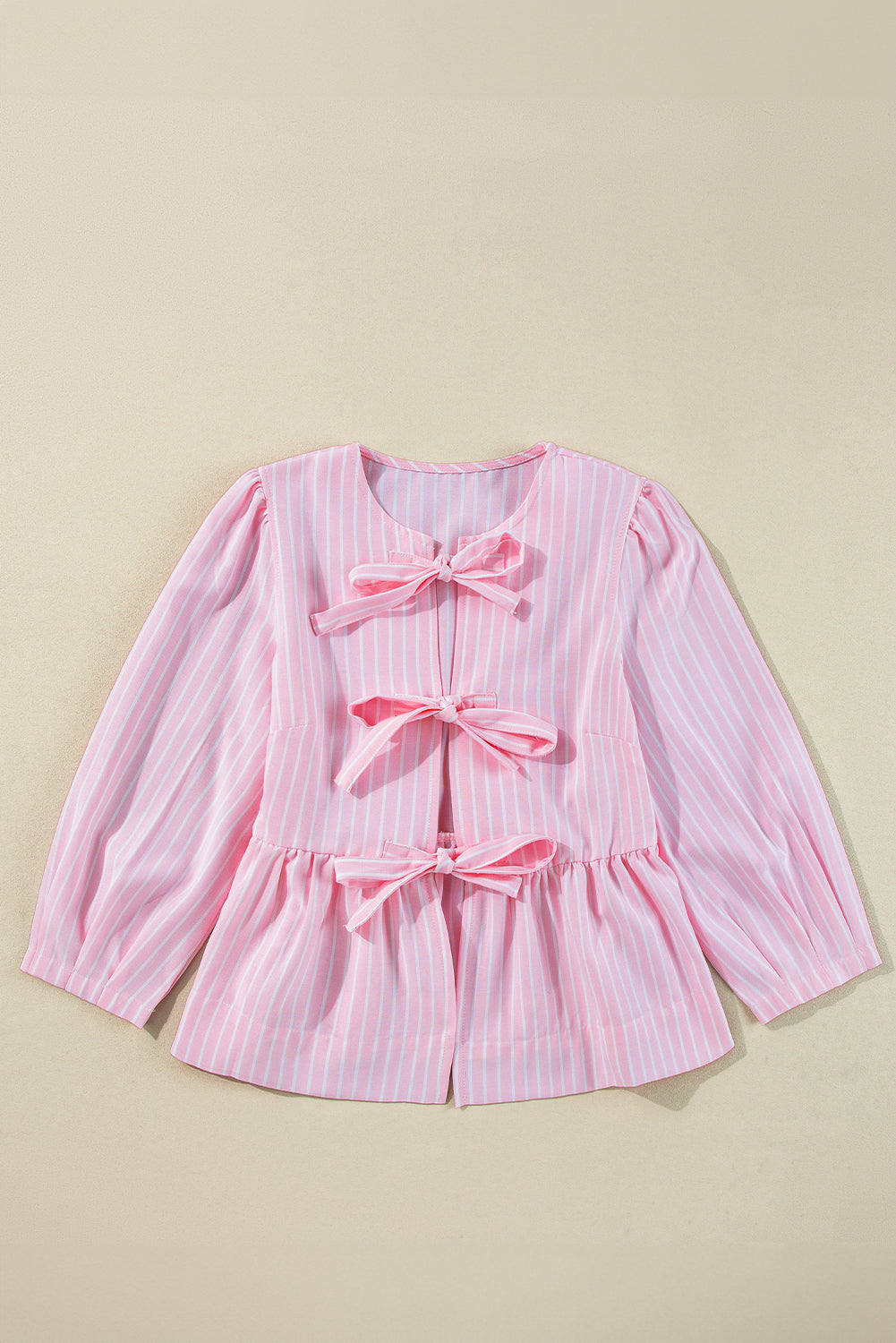 Tied Bow Striped Round Neck Blouse - Charming Charlie