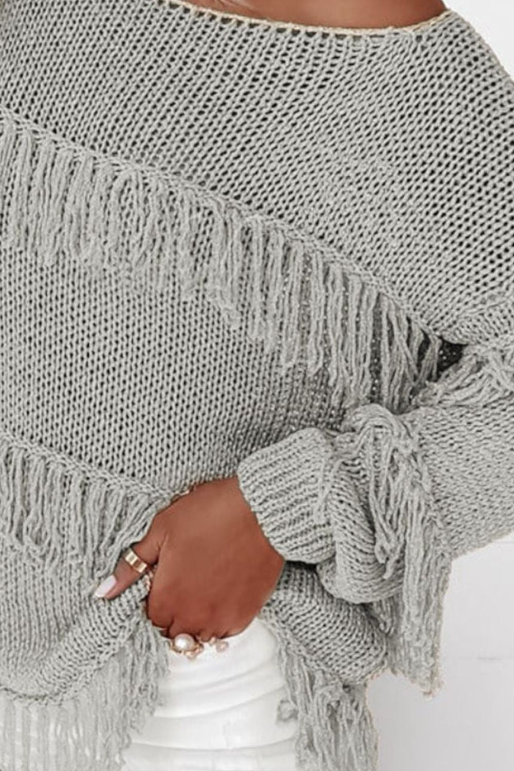 Fringe Boat Neck Long Sleeve Sweater - Charming Charlie