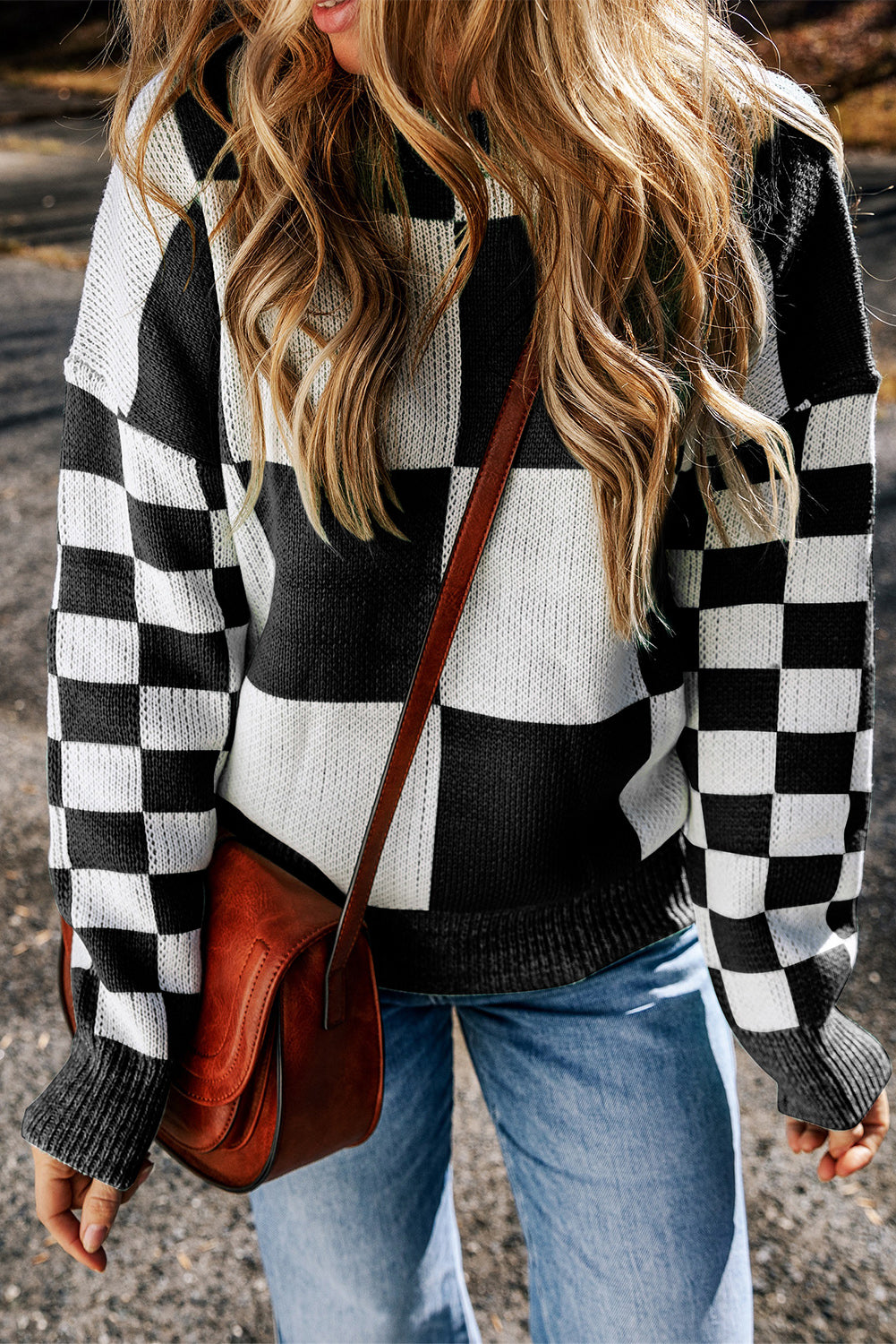 Checkered Round Neck Drop Shoulder Sweater - Charming Charlie