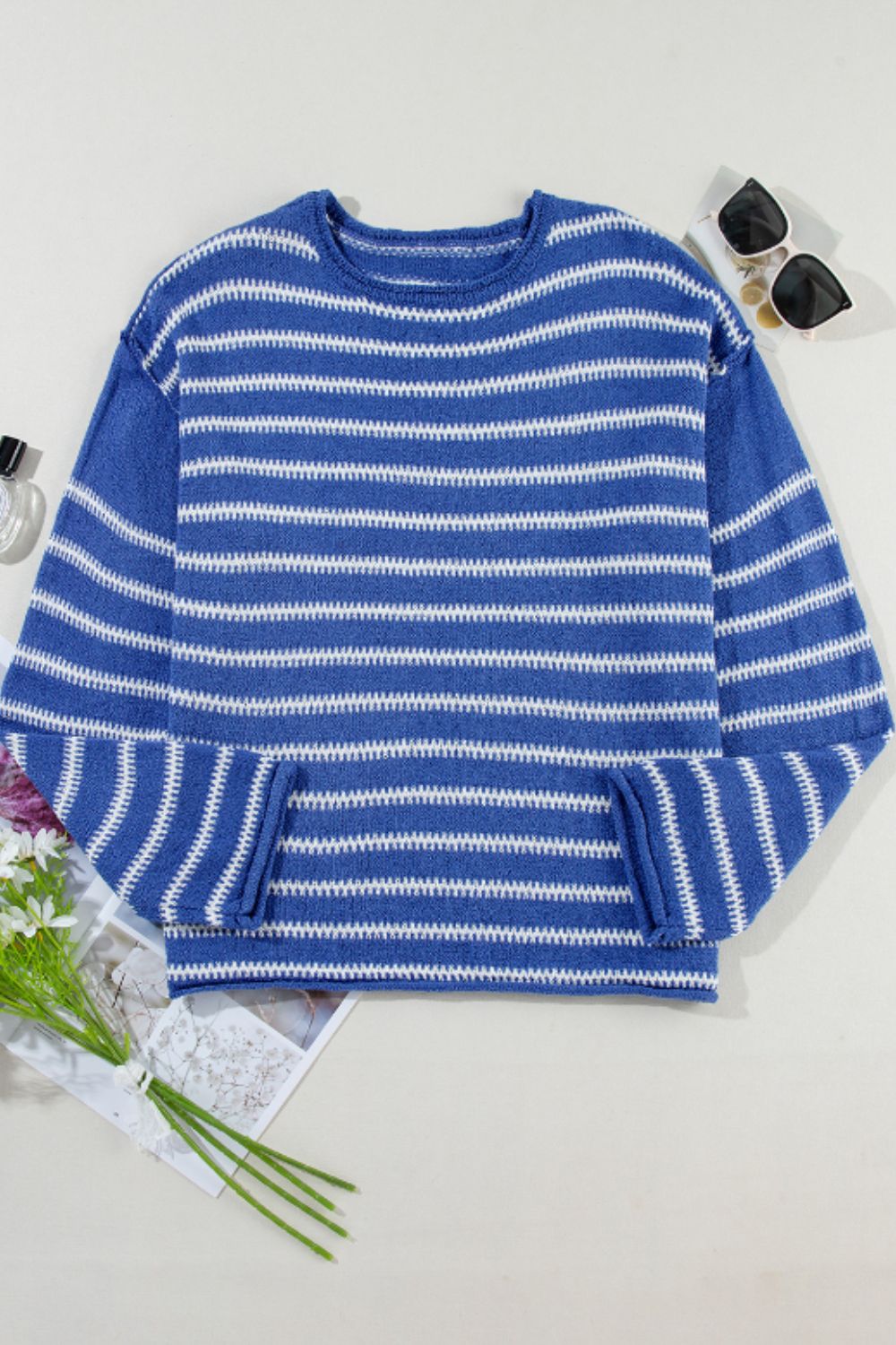 Striped Round Neck Dropped Shoulder Sweater - Charming Charlie