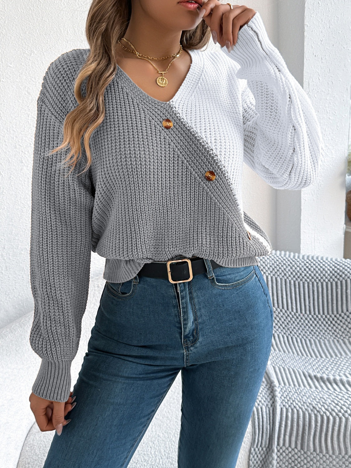 Two-Tone V-Neck Long Sleeve Sweater - Charming Charlie