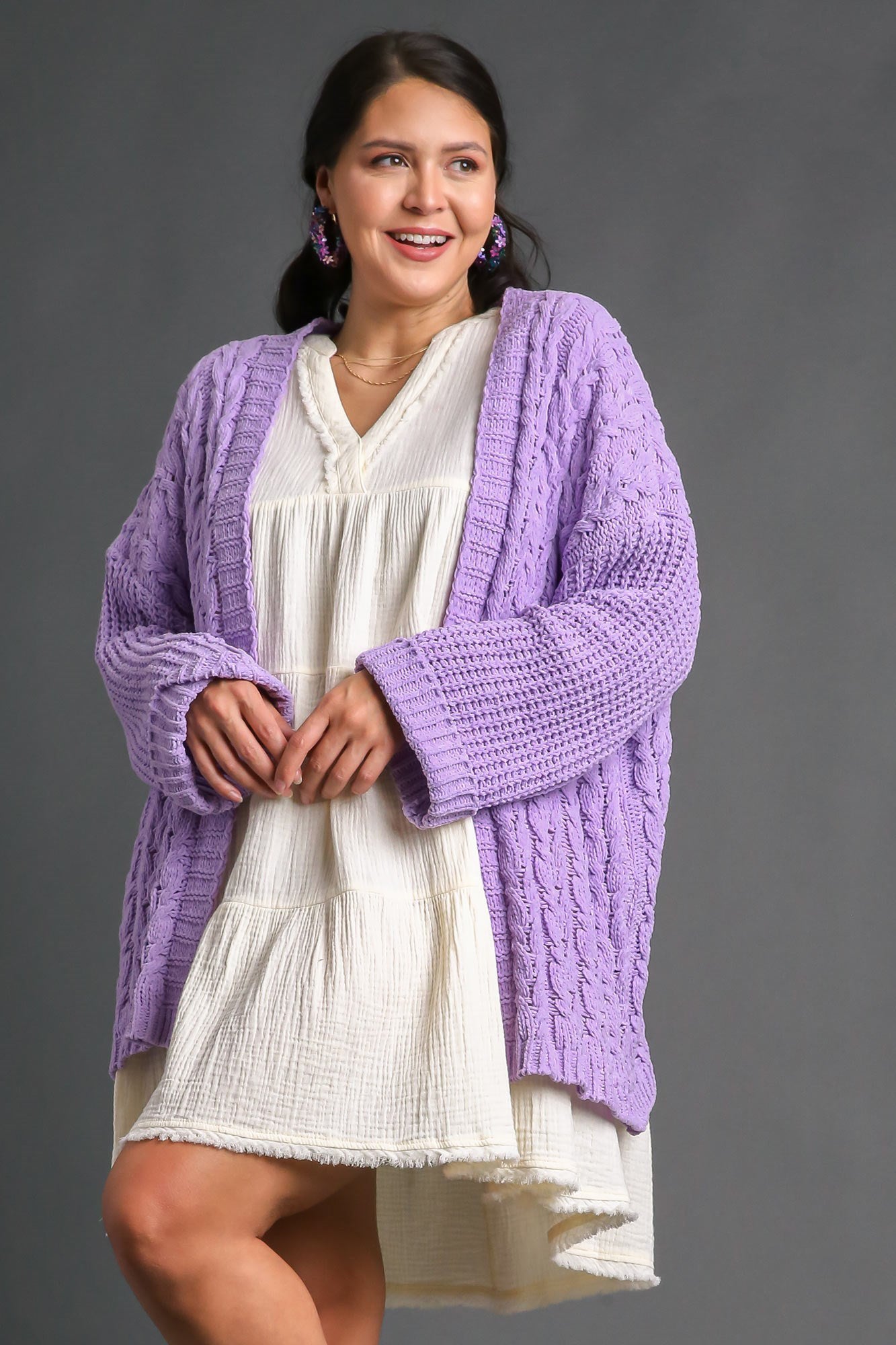 Umgee Full Size Cable Knit Open Front Long Sleeve Cardigan - Charming Charlie