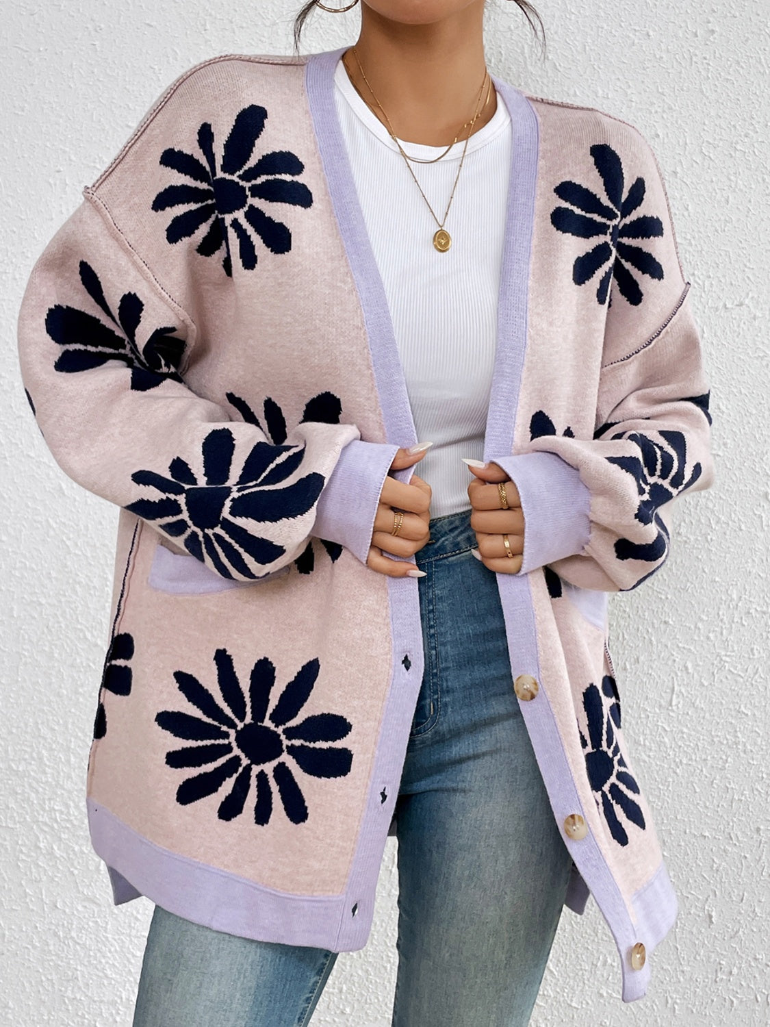 Contrast Dropped Shoulder Long Sleeve Cardigan - Charming Charlie