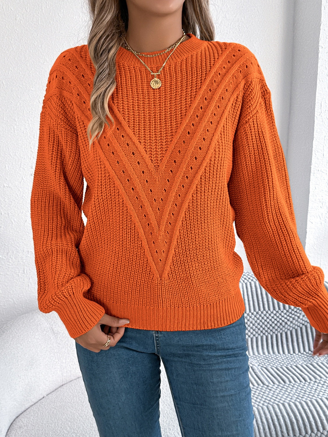 Openwork Round Neck Long Sleeve Sweater - Charming Charlie