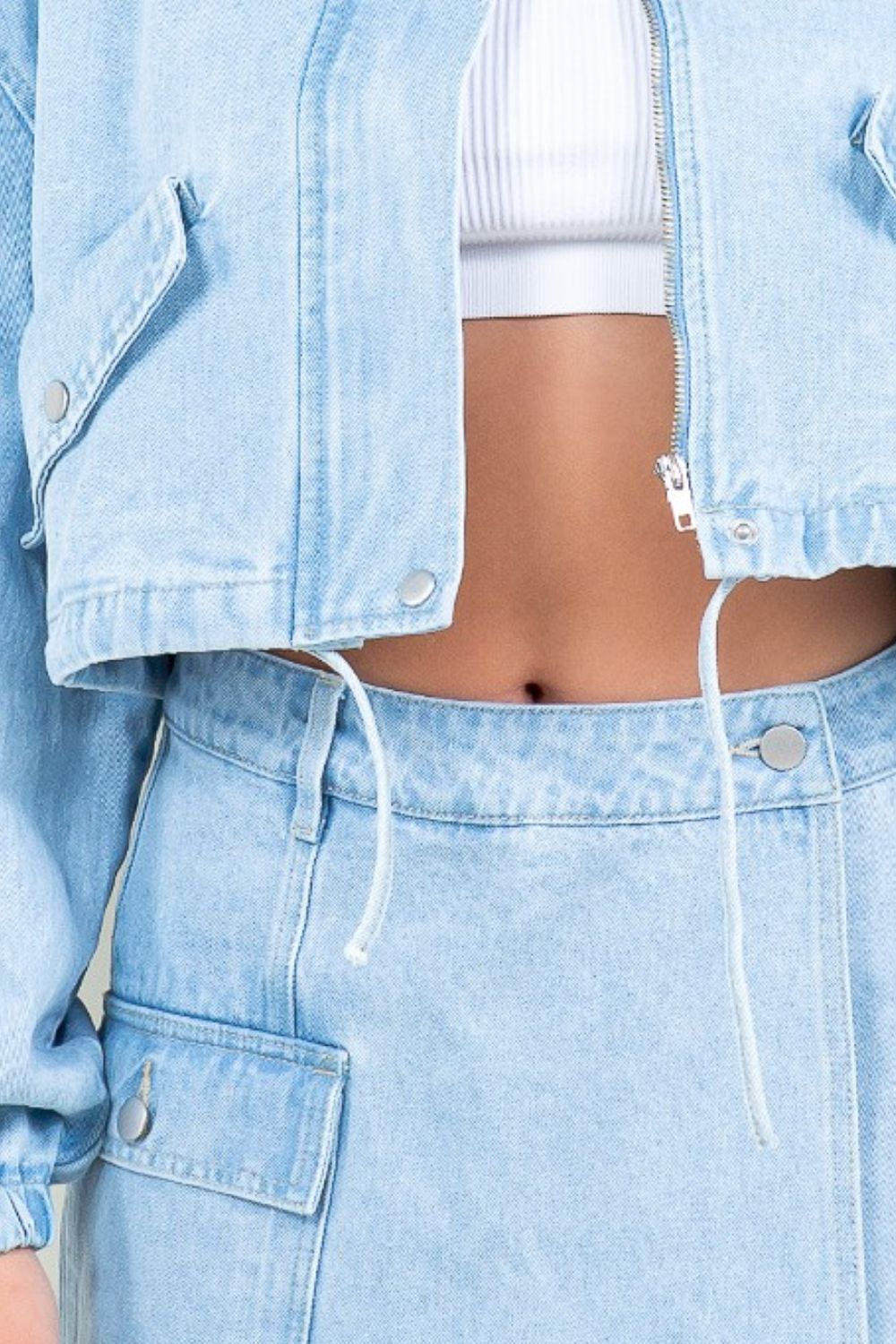 American Bazi Drawstring Waist Crop Denim Jacket - Charming Charlie