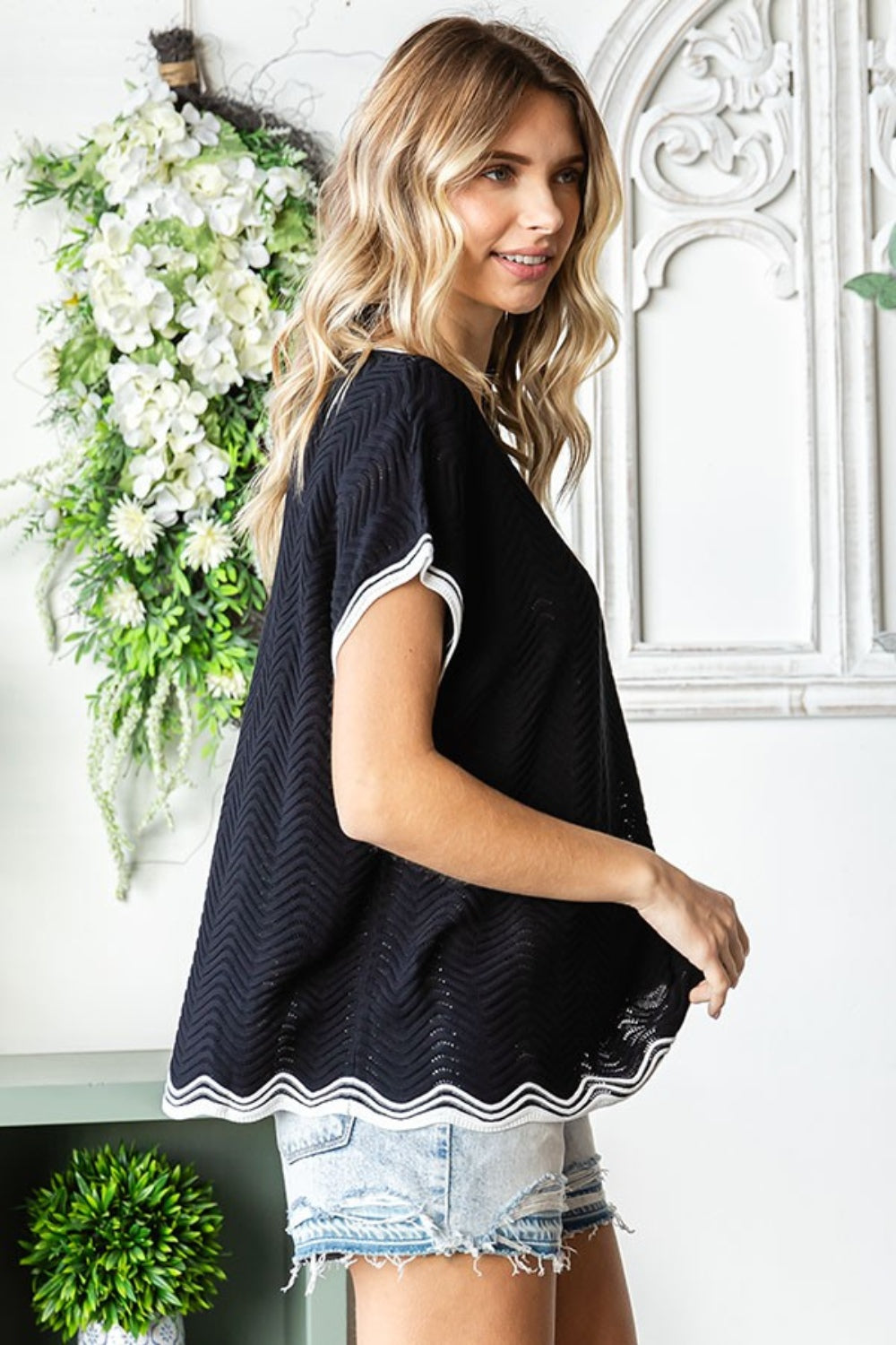 First Love Full Size Contrast Wavy Crochet Drop Shoulder Knit Top - Charming Charlie