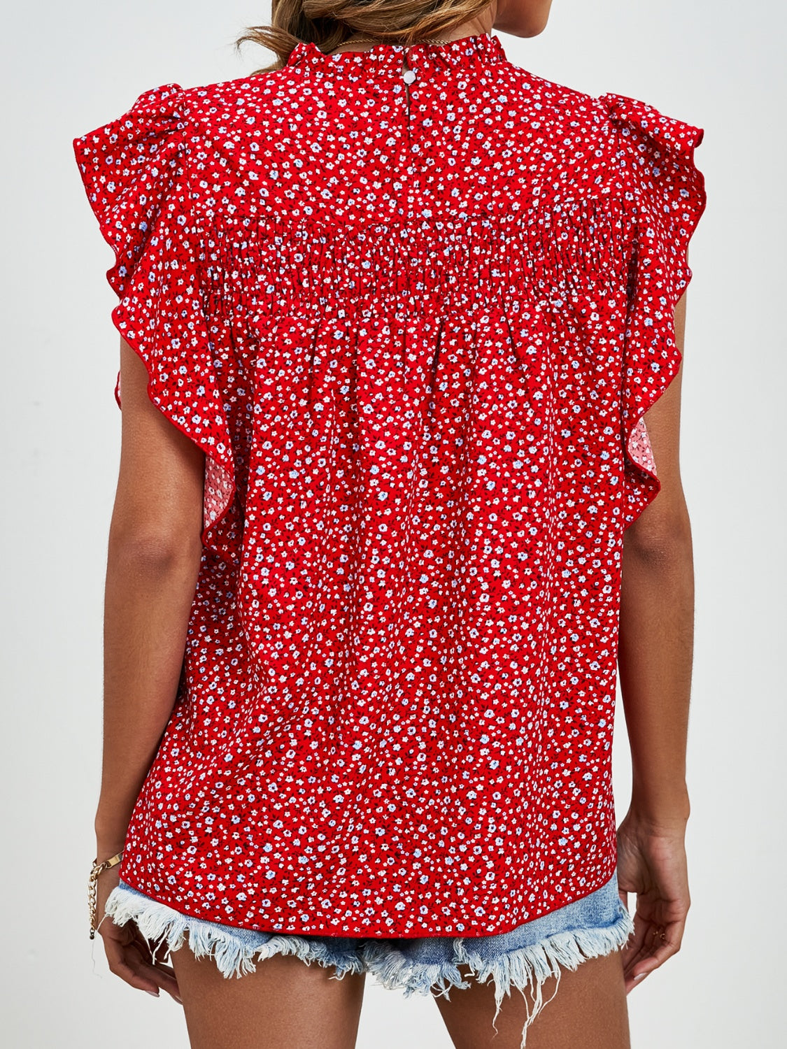 Ruffled Ditsy Floral Mock Neck Cap Sleeve Blouse - Charming Charlie