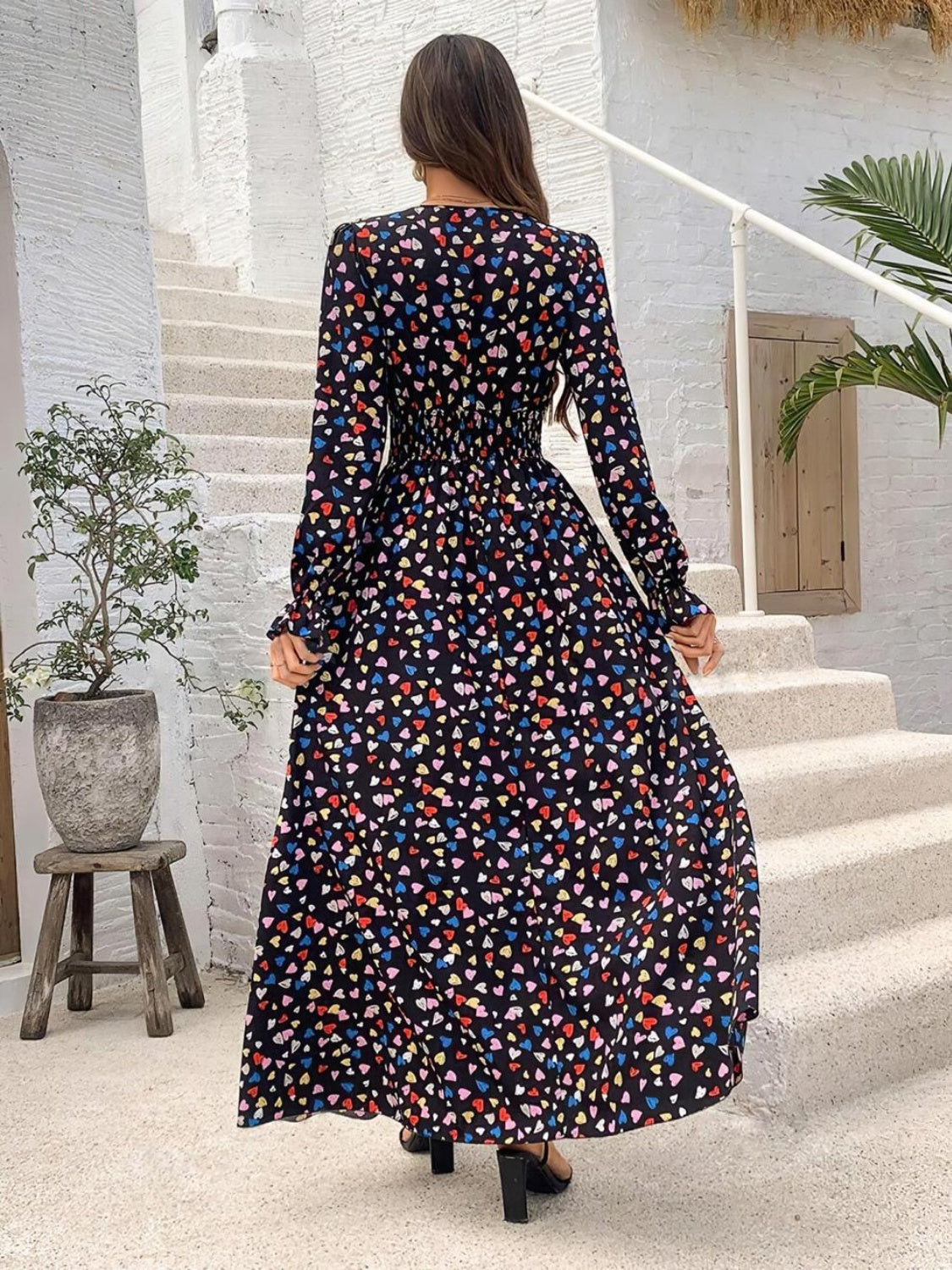 Smocked Printed V-Neck Flounce Sleeve Dress - Charming Charlie