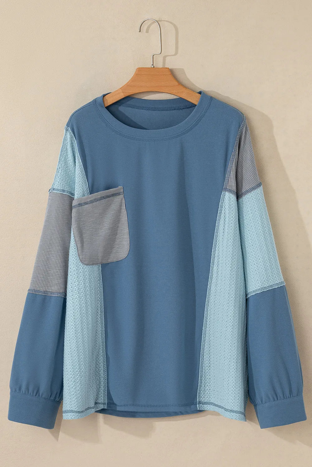 Patchwork Color Block Round Neck Long Sleeve Top - Charming Charlie