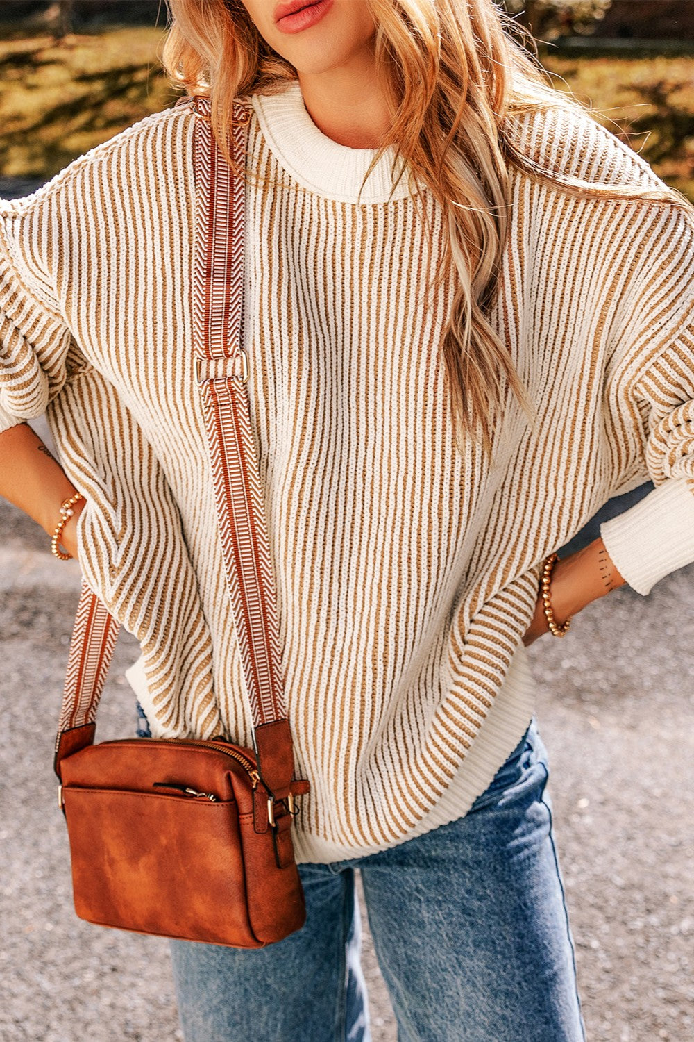 Round Neck Dropped Shoulder Sweater - Charming Charlie