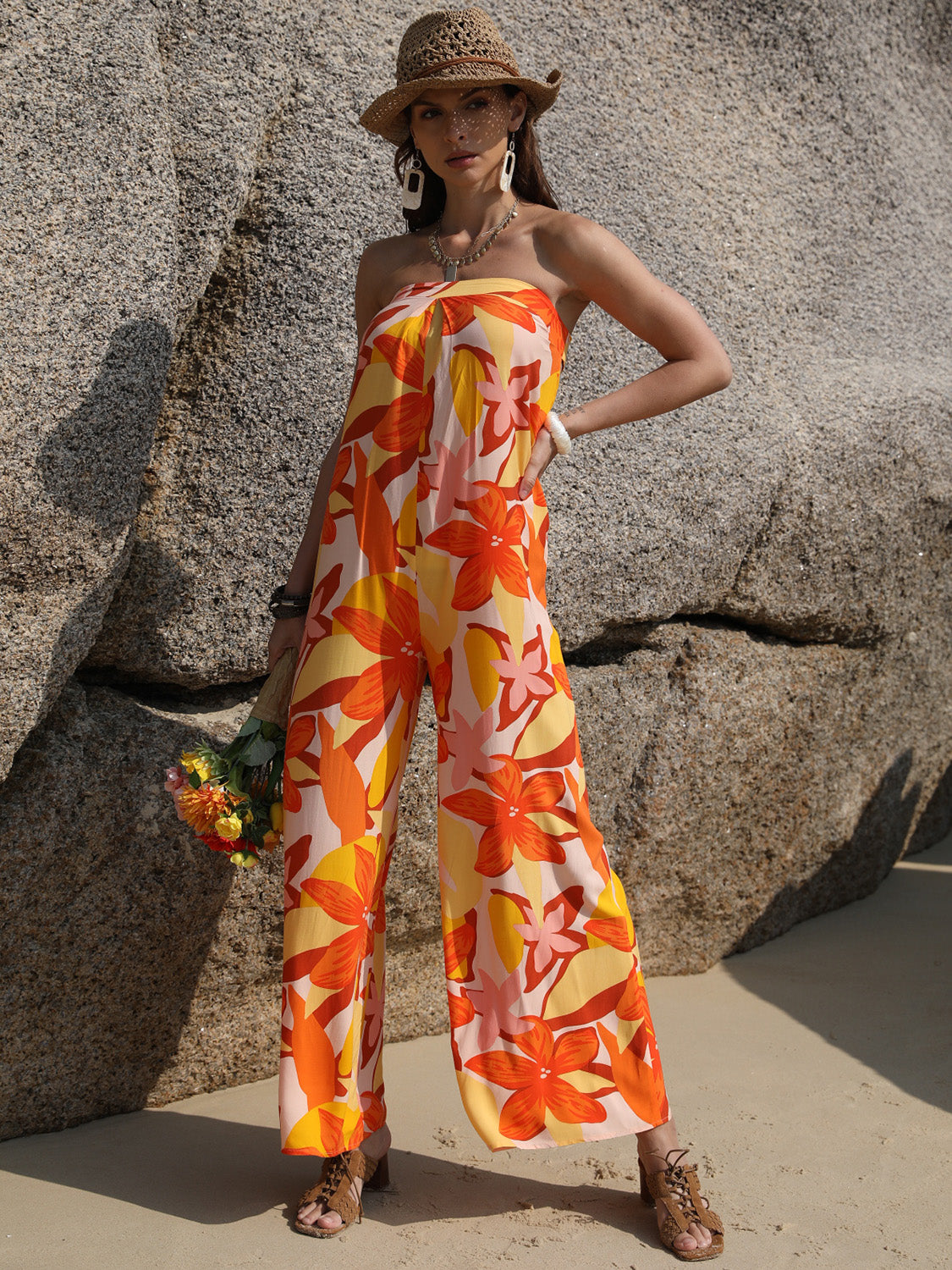 Tied Printed Tube Wide Leg Jumpsuit - Charming Charlie