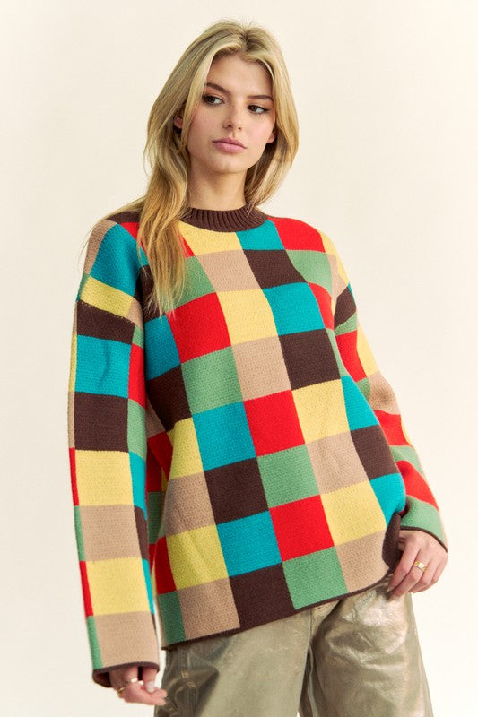 Davi & Dani Color Block Checkered Dropped Shoulder Sweater - Charming Charlie
