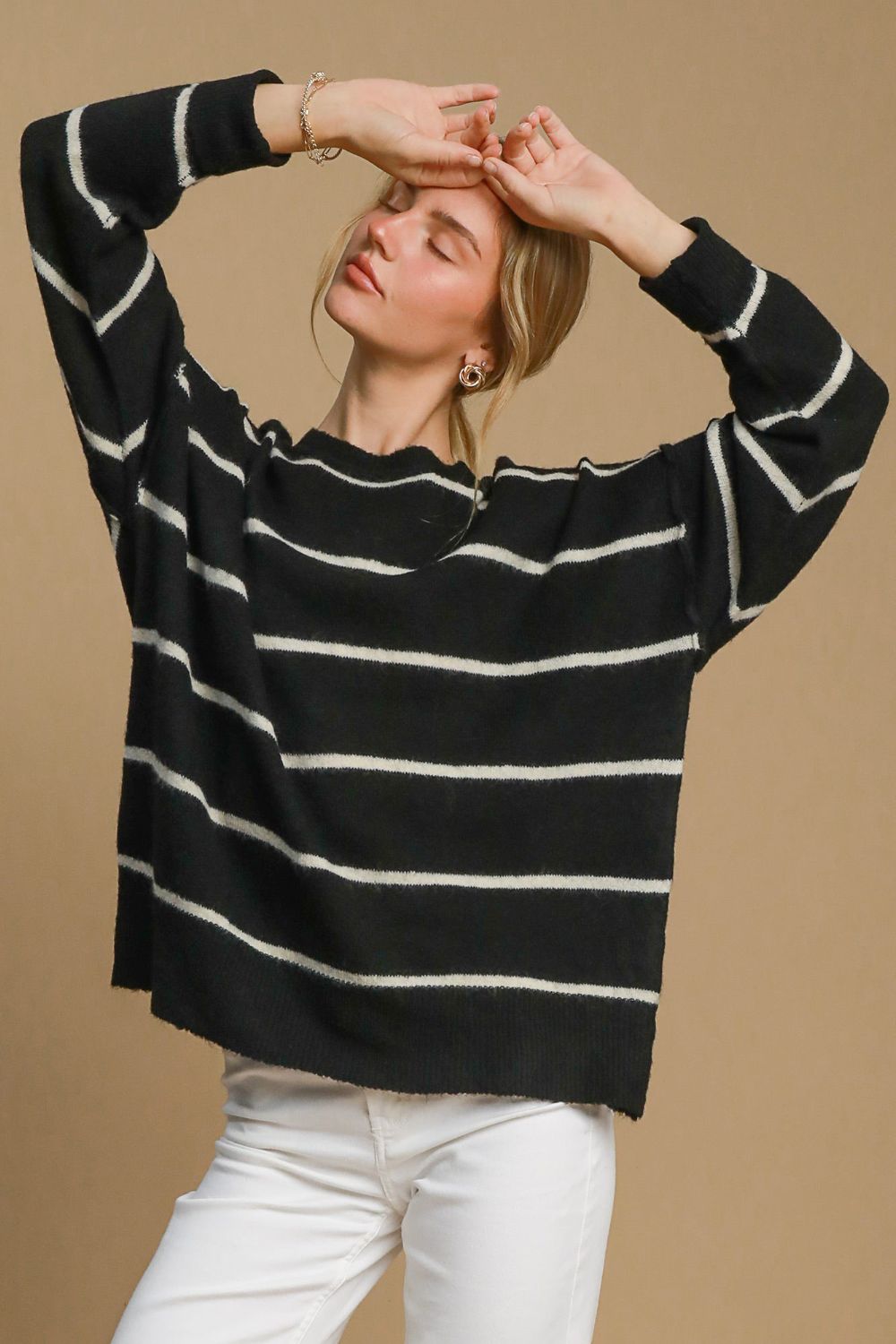 Umgee Wool Blend Striped Round Neck Sweater - Charming Charlie