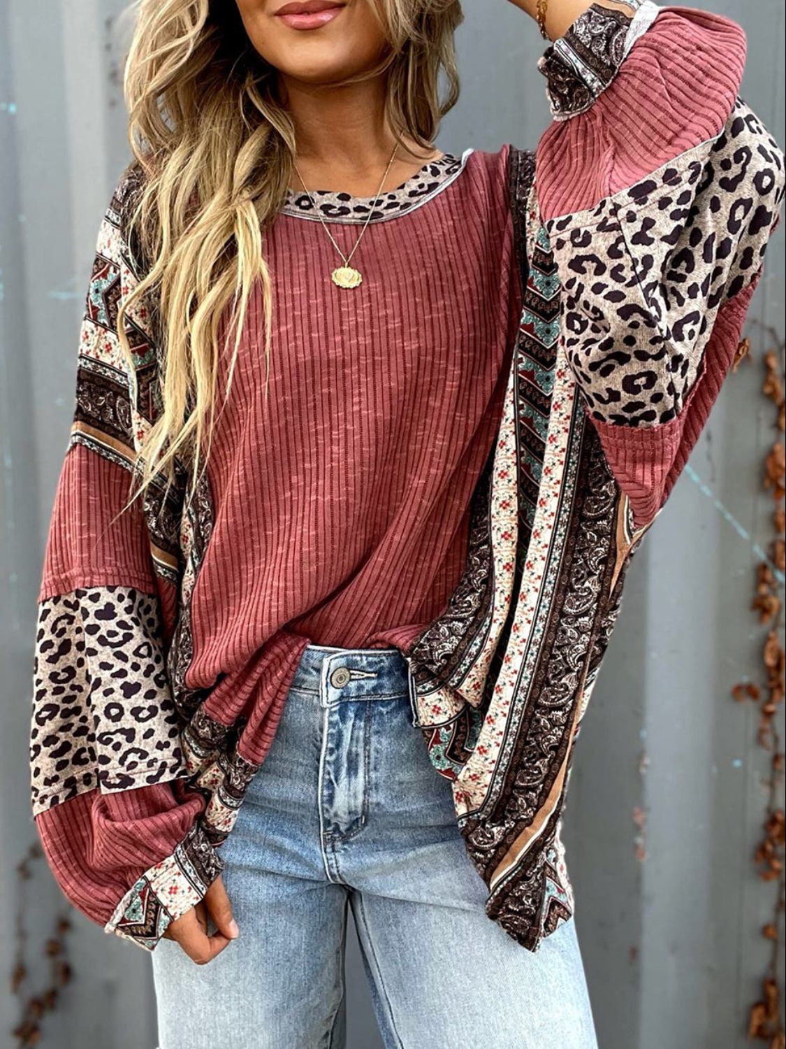 Leopard Round Neck Long Sleeve Sweatshirt - Charming Charlie
