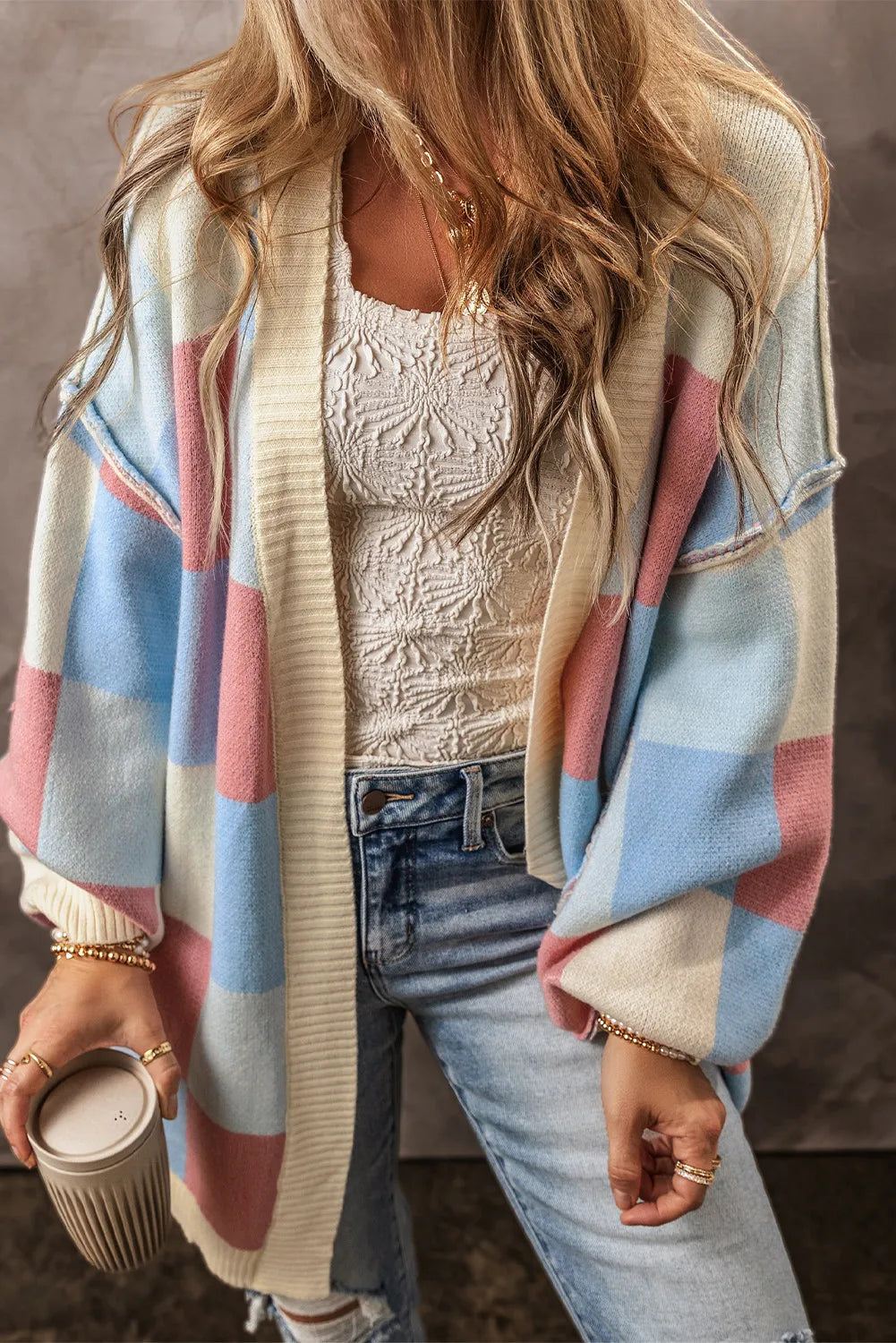 Color Block Open Front Long Sleeve Cardigan - Charming Charlie