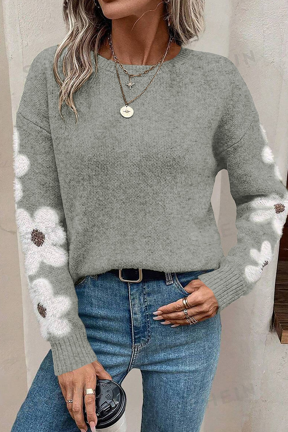 Flower Round Neck Long Sleeve Sweater - Charming Charlie