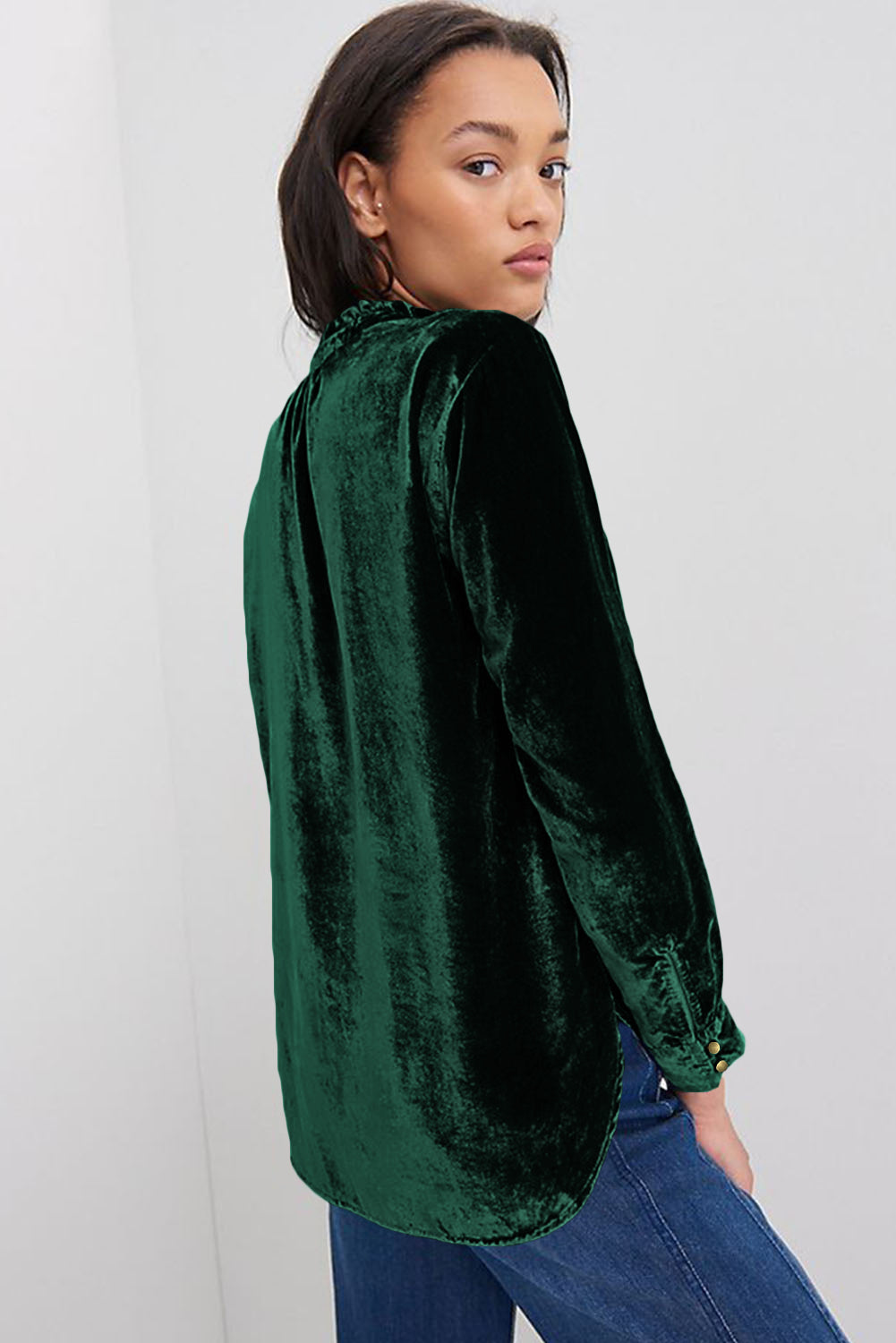 Frill Half Button Mock Neck Long Sleeve Blouse - Charming Charlie