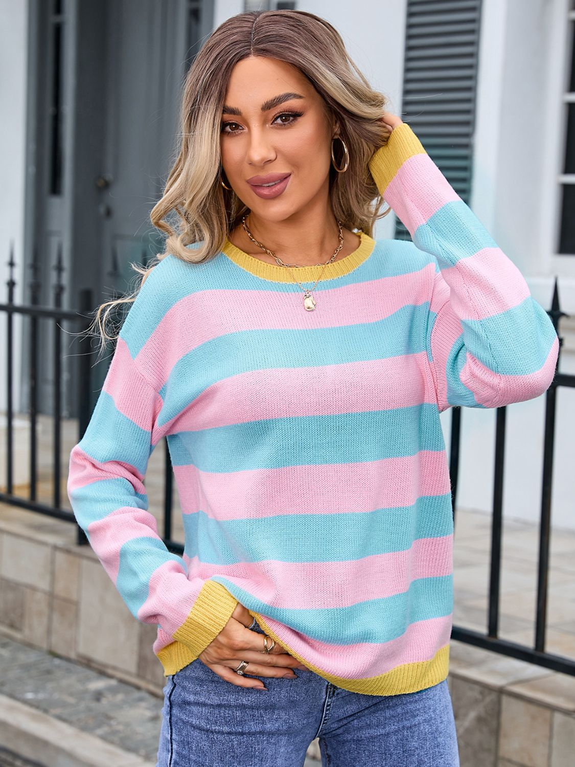 Striped Round Neck Dropped Shoulder Sweater - Charming Charlie