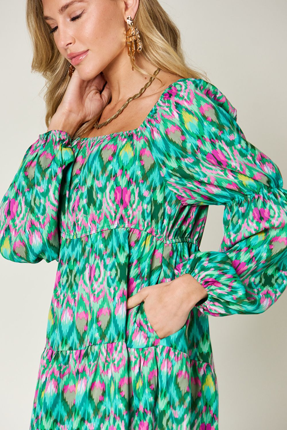 Double Take Full Size Printed Long Sleeve Dress - Charming Charlie