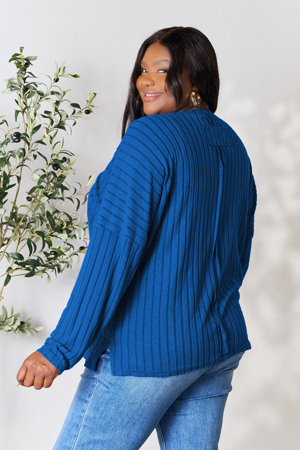 Basic Bae Full Size Ribbed Round Neck Slit Knit Top - Charming Charlie