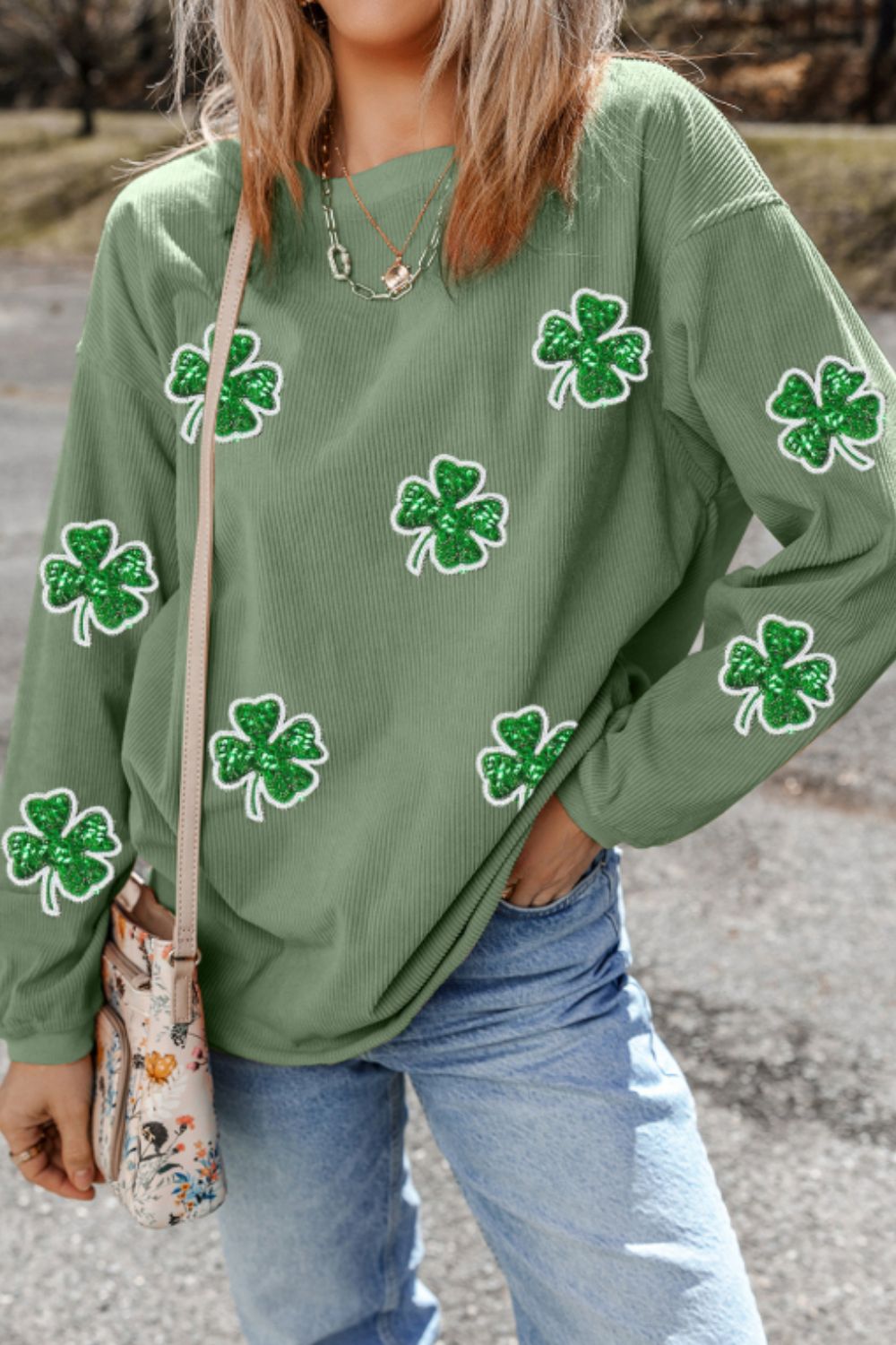 Sequin Lucky Clover Round Neck Long Sleeve Sweatshirt - Charming Charlie