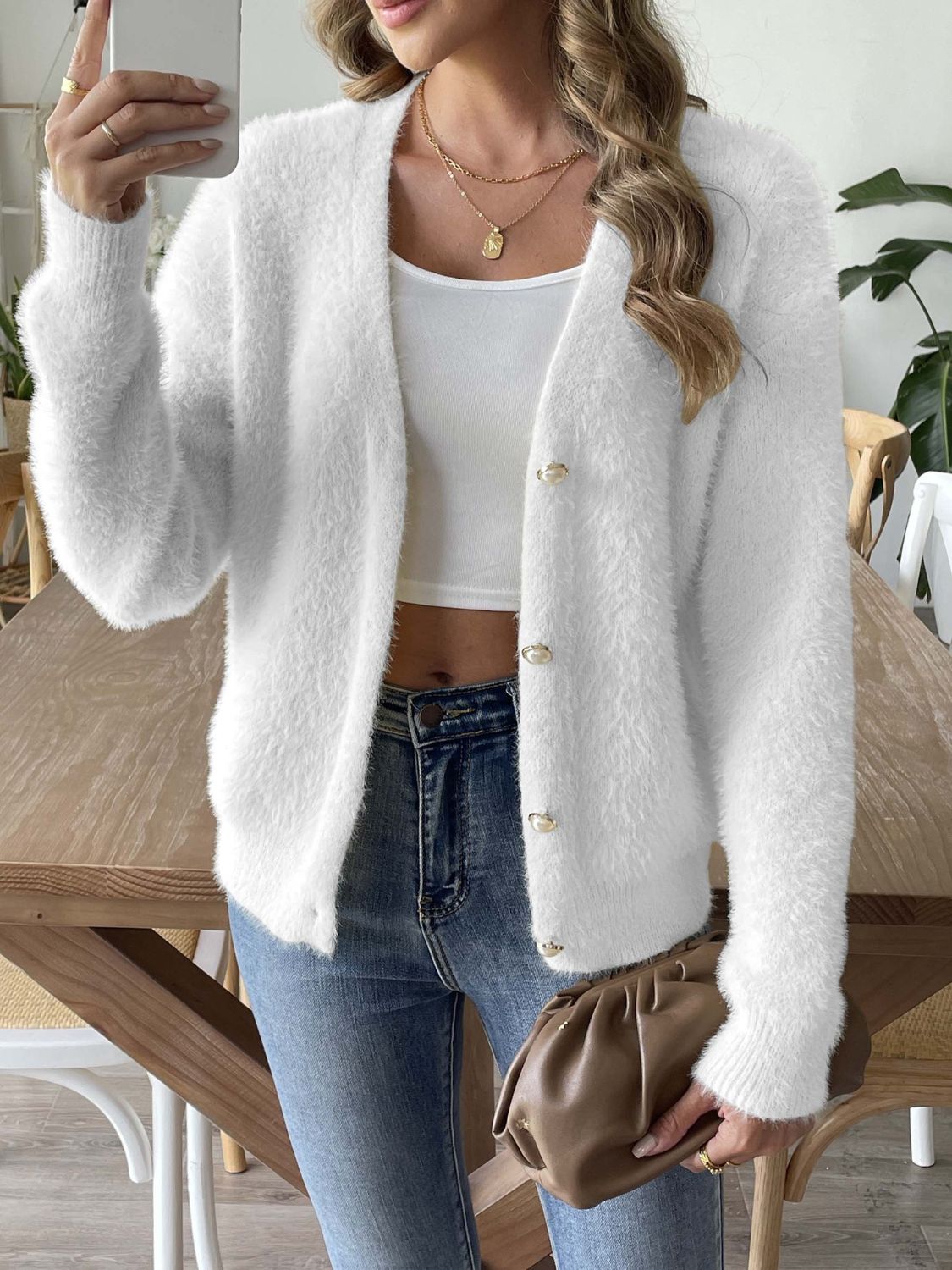 Button Up V-Neck Long Sleeve Cardigan - Charming Charlie
