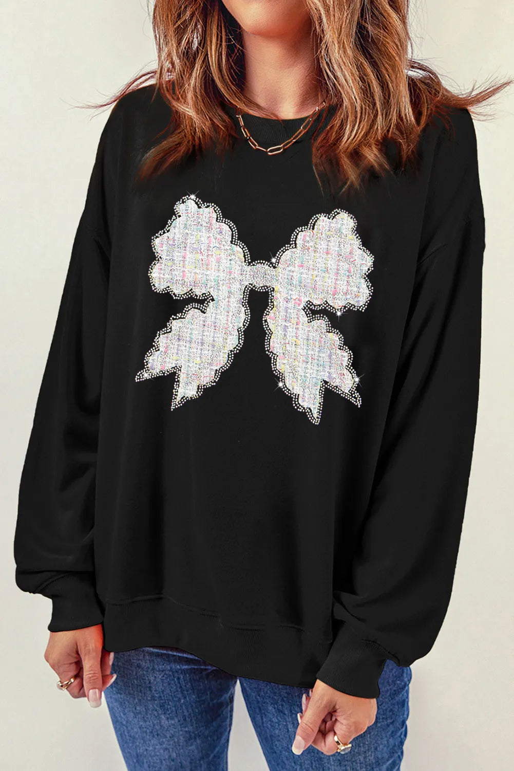 Contrast Bow Round Neck Long Sleeve Sweatshirt - Charming Charlie