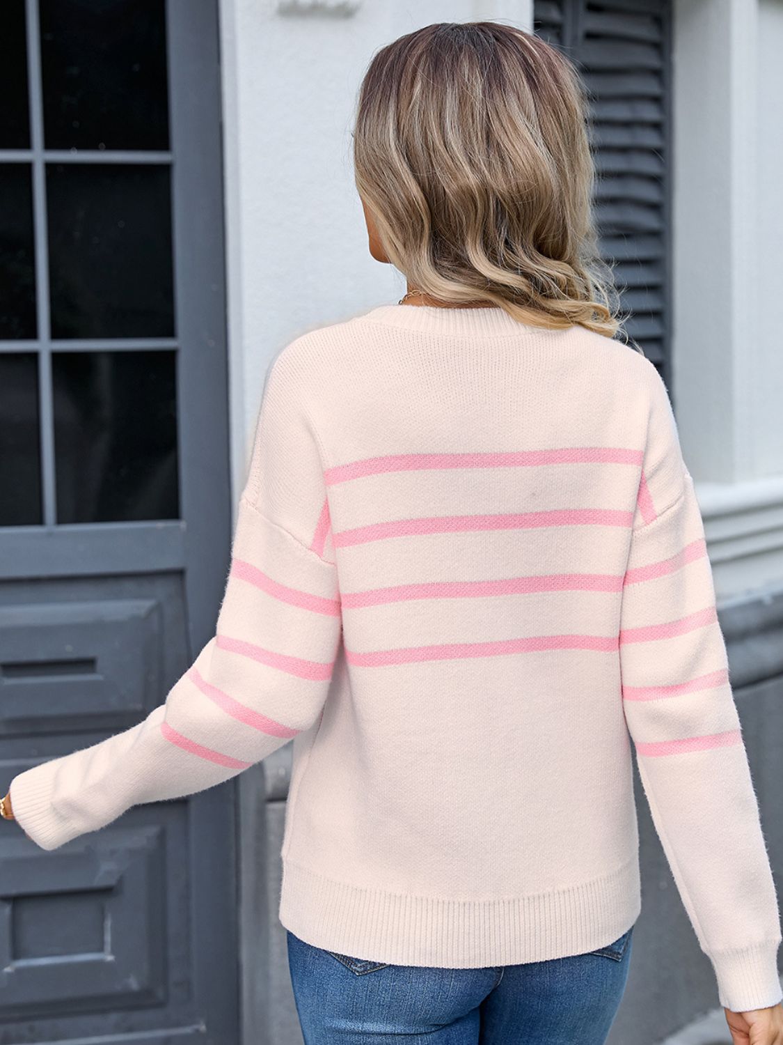 Striped Round Neck Long Sleeve Sweater - Charming Charlie