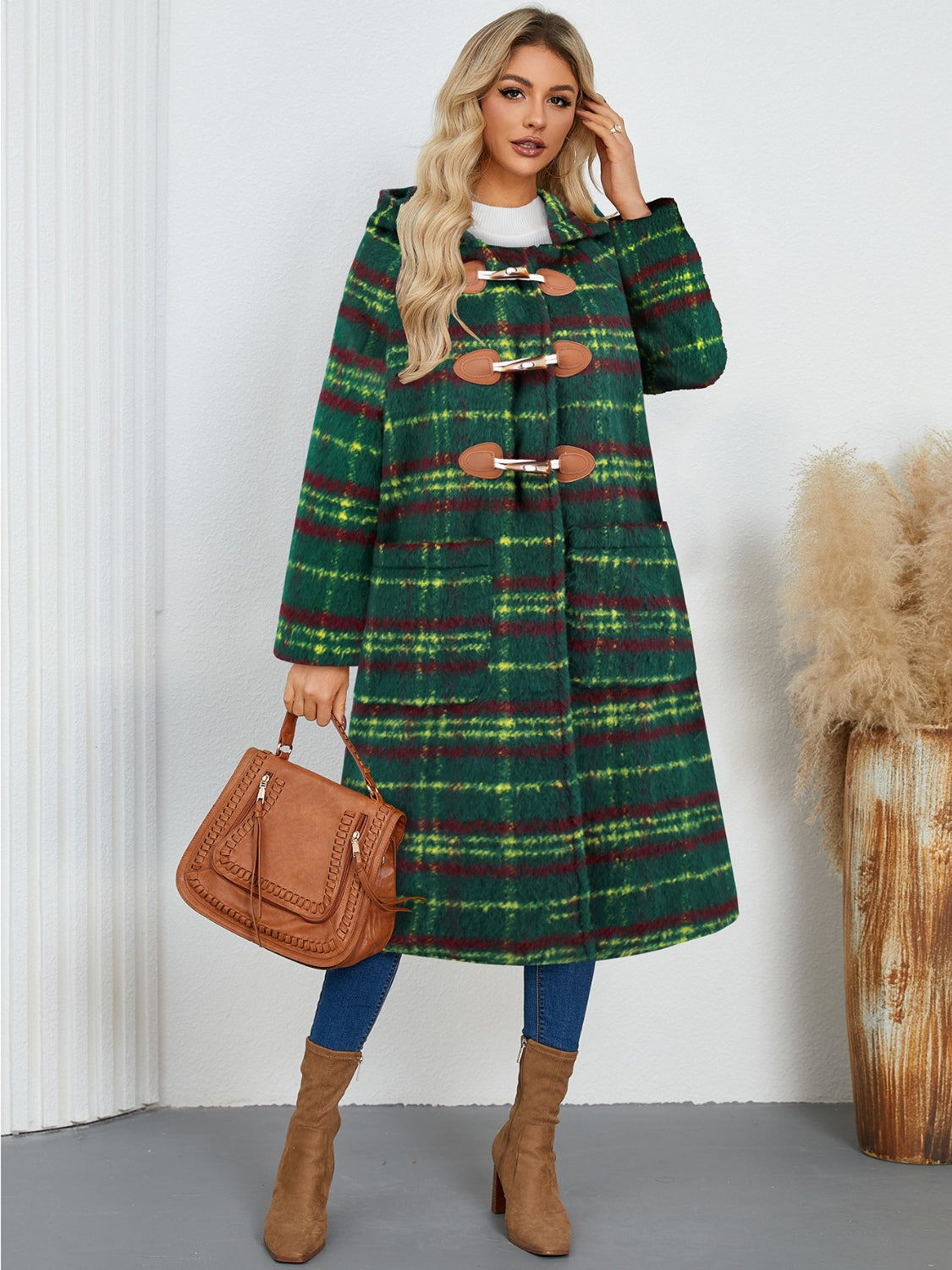 Plaid Long Sleeve Hooded Coat with Pockets - Charming Charlie