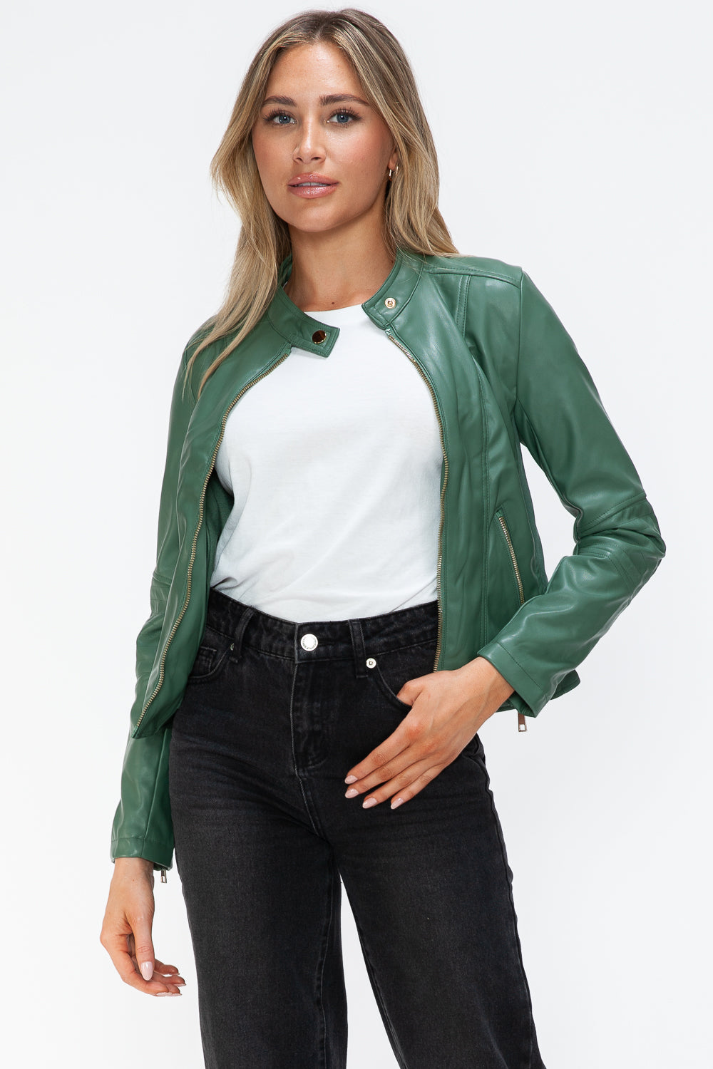 Snobbish Faux Leather Zip Up Drawstring Hooded Jacket - Charming Charlie