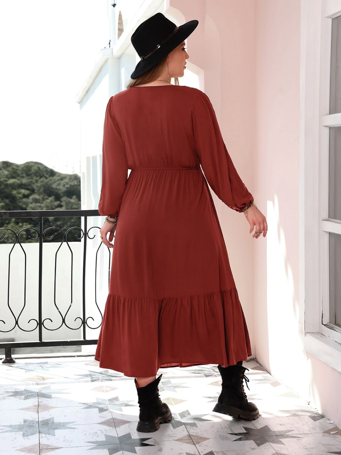 Plus Size Quarter Button V-Neck Long Sleeve Dress - Charming Charlie