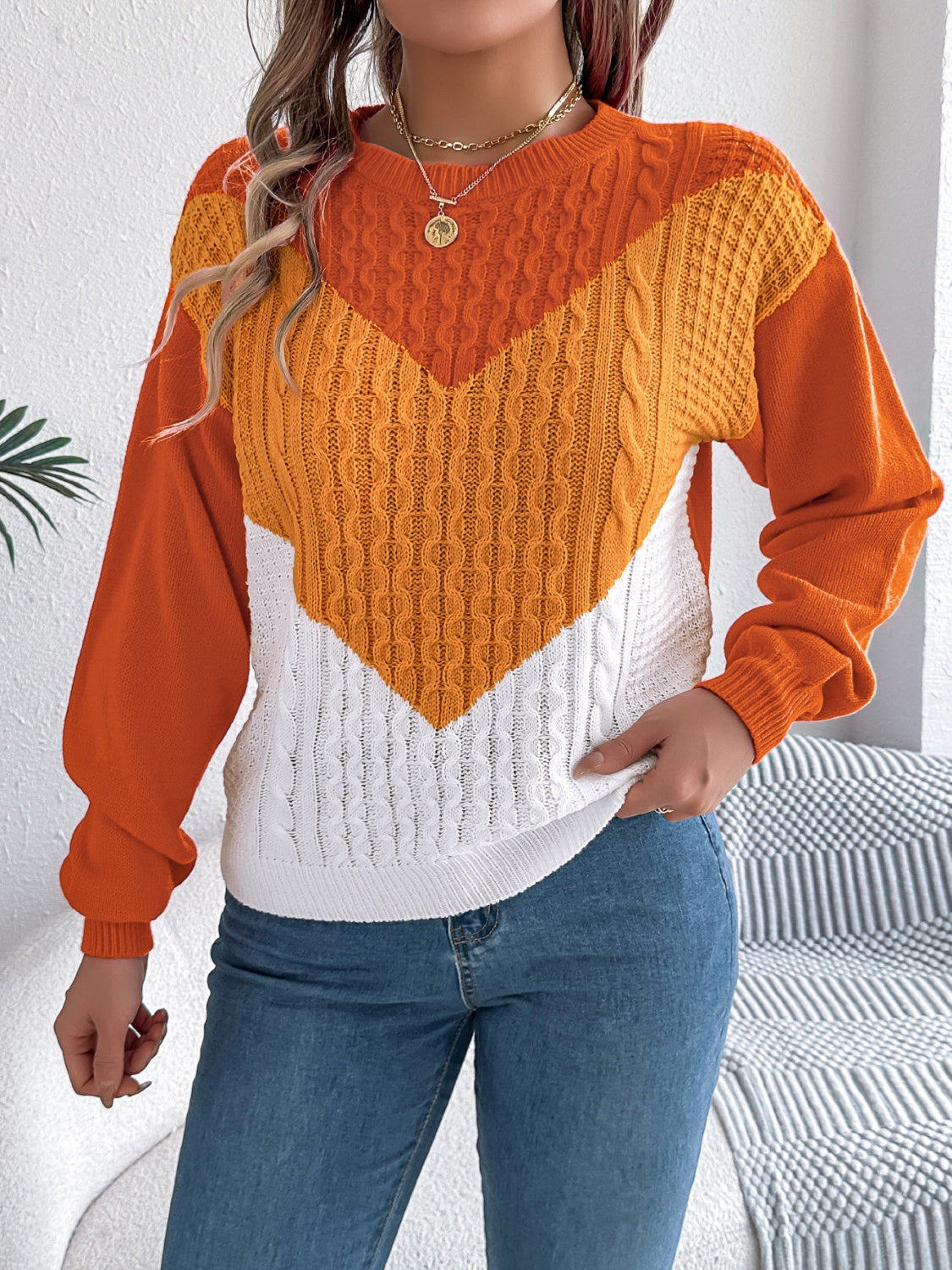 Contrast Round Neck Long Sleeve Sweater - Charming Charlie