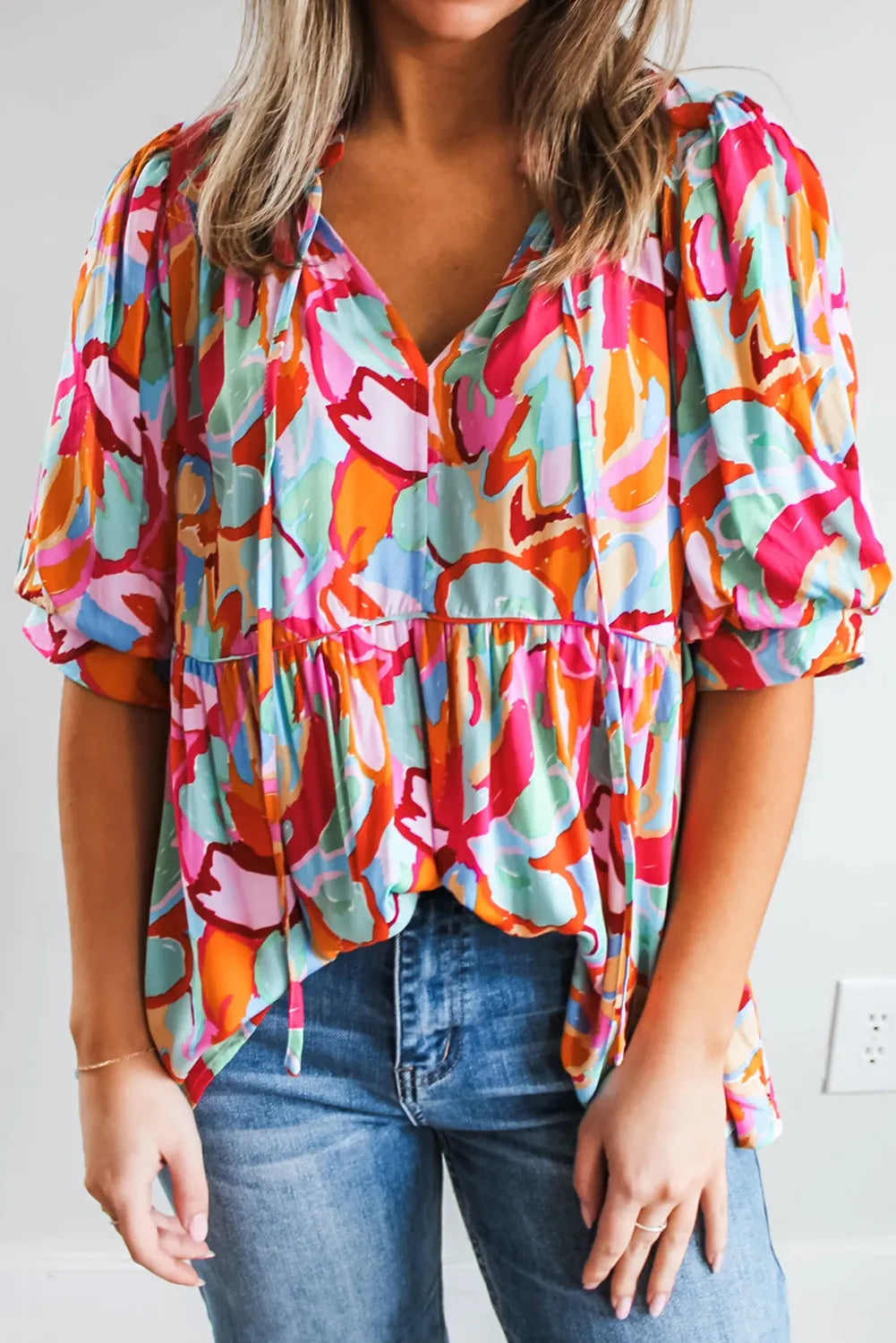 Printed Tie Neck Half Sleeve Blouse - Charming Charlie