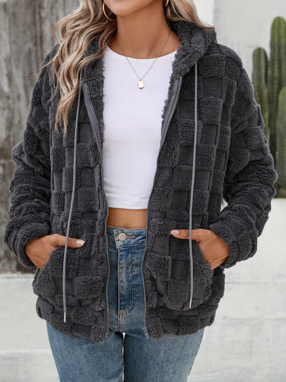 Checkered Texture Zip Up Drawstring Fuzzy Jacket - Charming Charlie