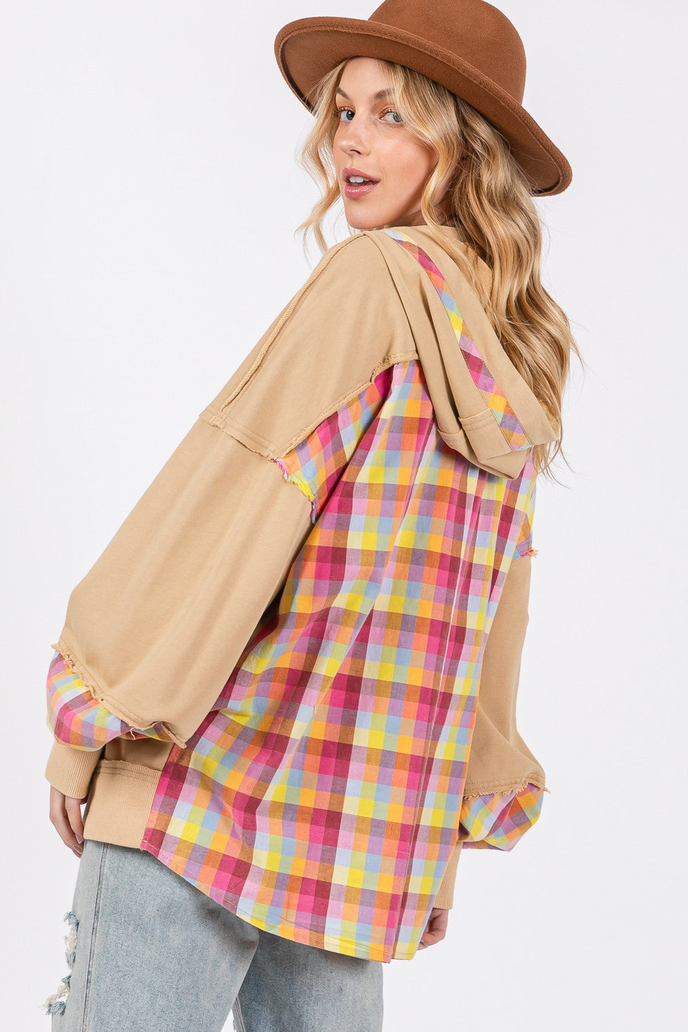 SAGE + FIG Full Size Plaid Print Washed Hoodie - Charming Charlie