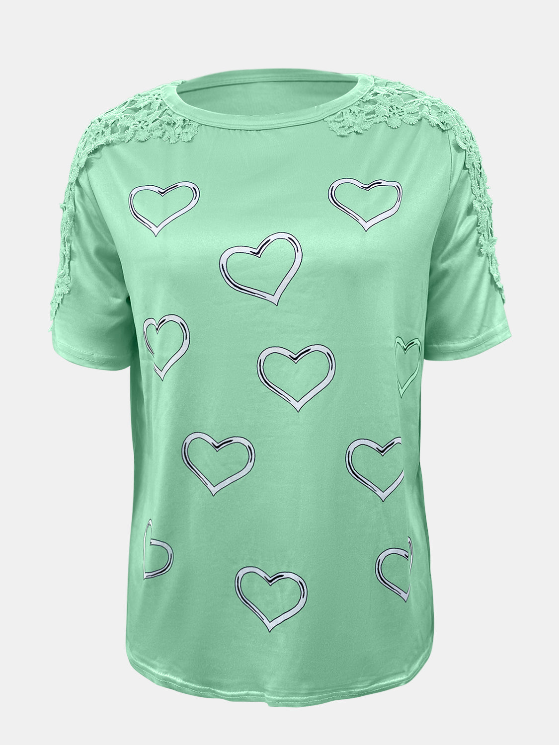 Full Size Lace Detail Heart Round Neck Short Sleeve Top - Charming Charlie