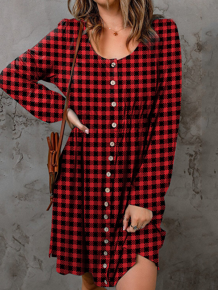 Double Take Full Size Plaid Round Neck Long Sleeve Magic Dress - Charming Charlie