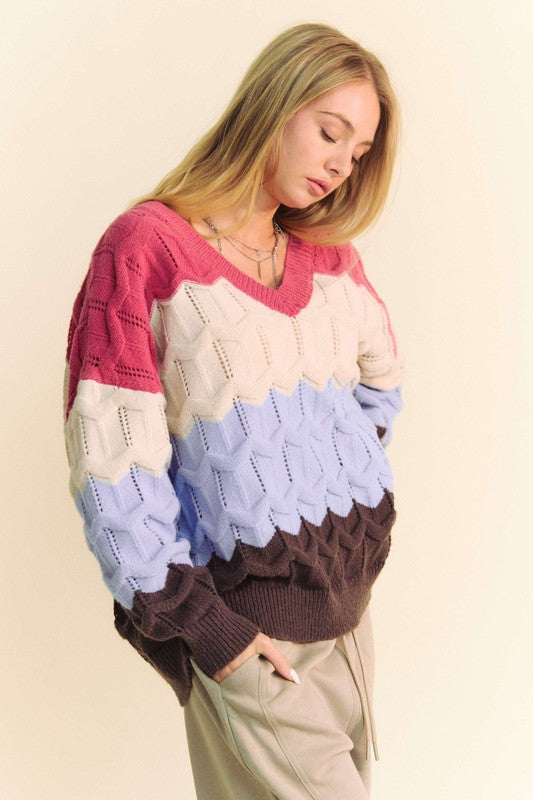 Davi & Dani Wavy Texture Color Block V-Neck Sweater - Charming Charlie
