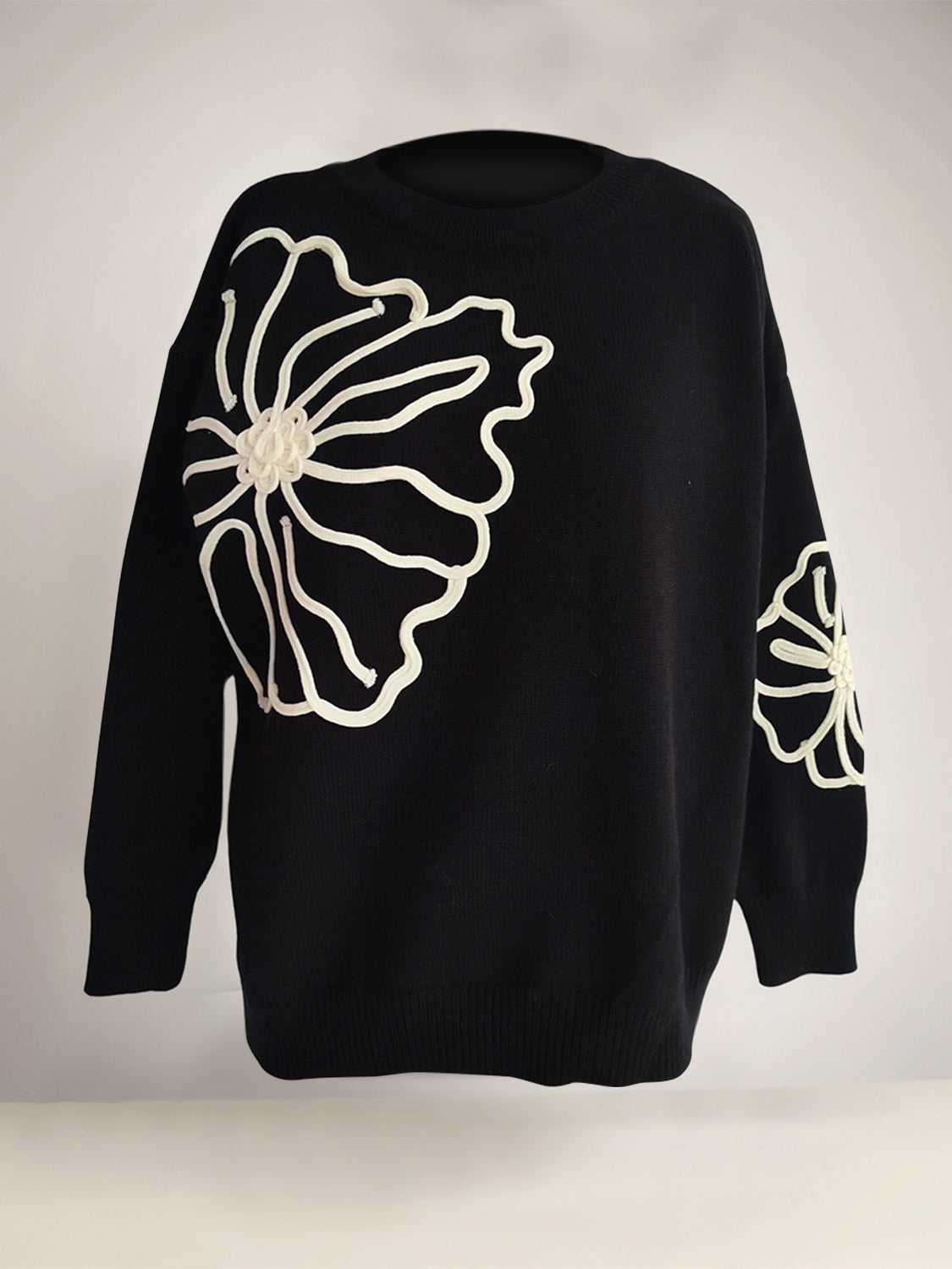 Flower Round Neck Long Sleeve Sweater - Charming Charlie