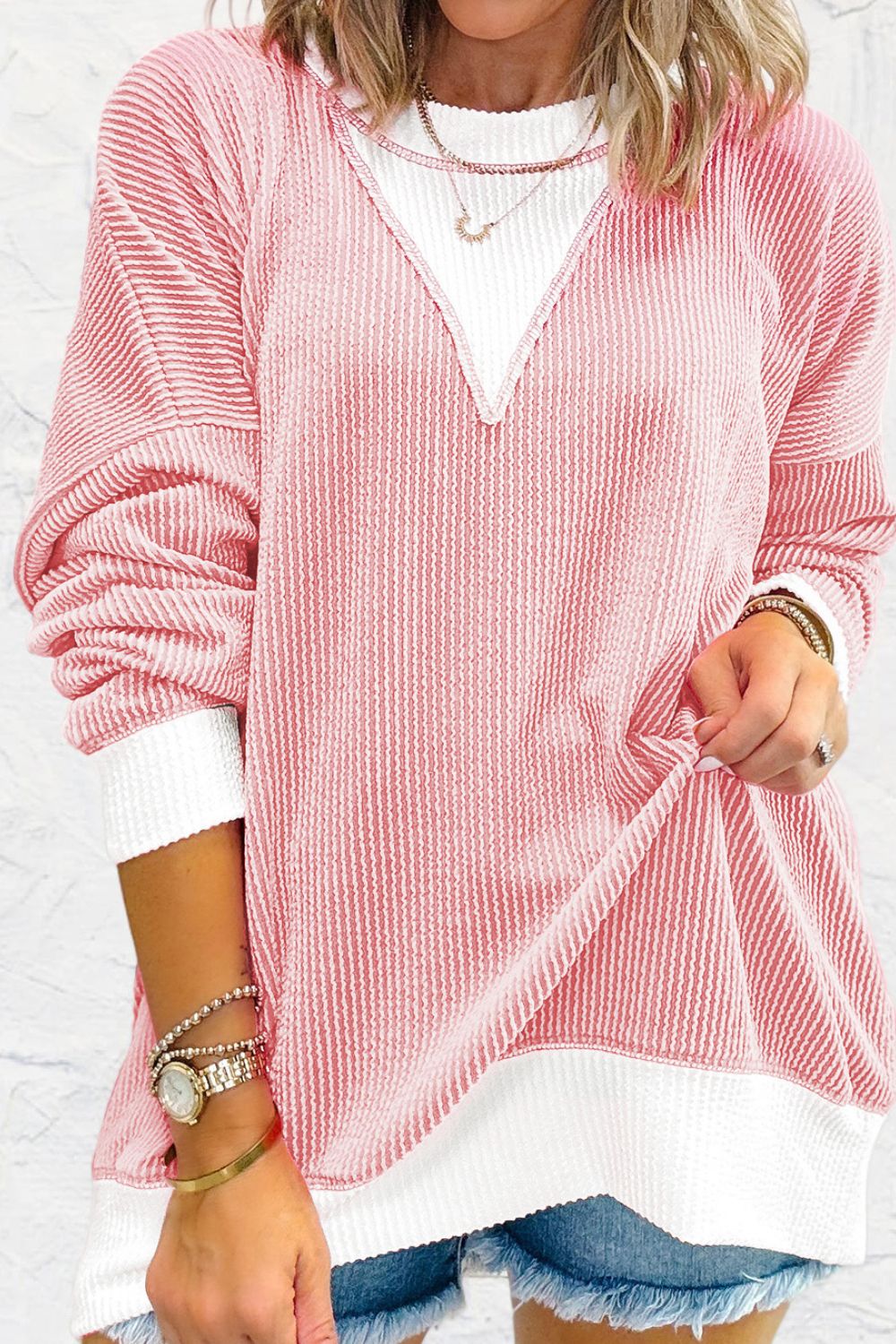 Contrast Round Neck Long Sleeve Sweatshirt - Charming Charlie